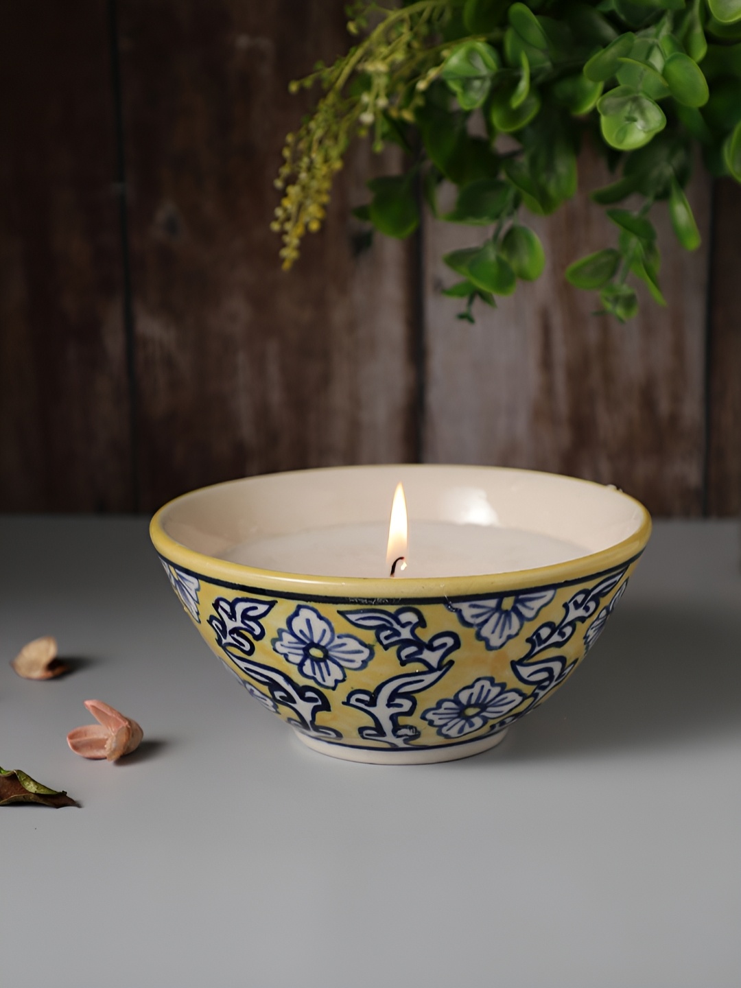 

VarEesha Yellow & Blue Printed Scented Ceramic Diya Candle