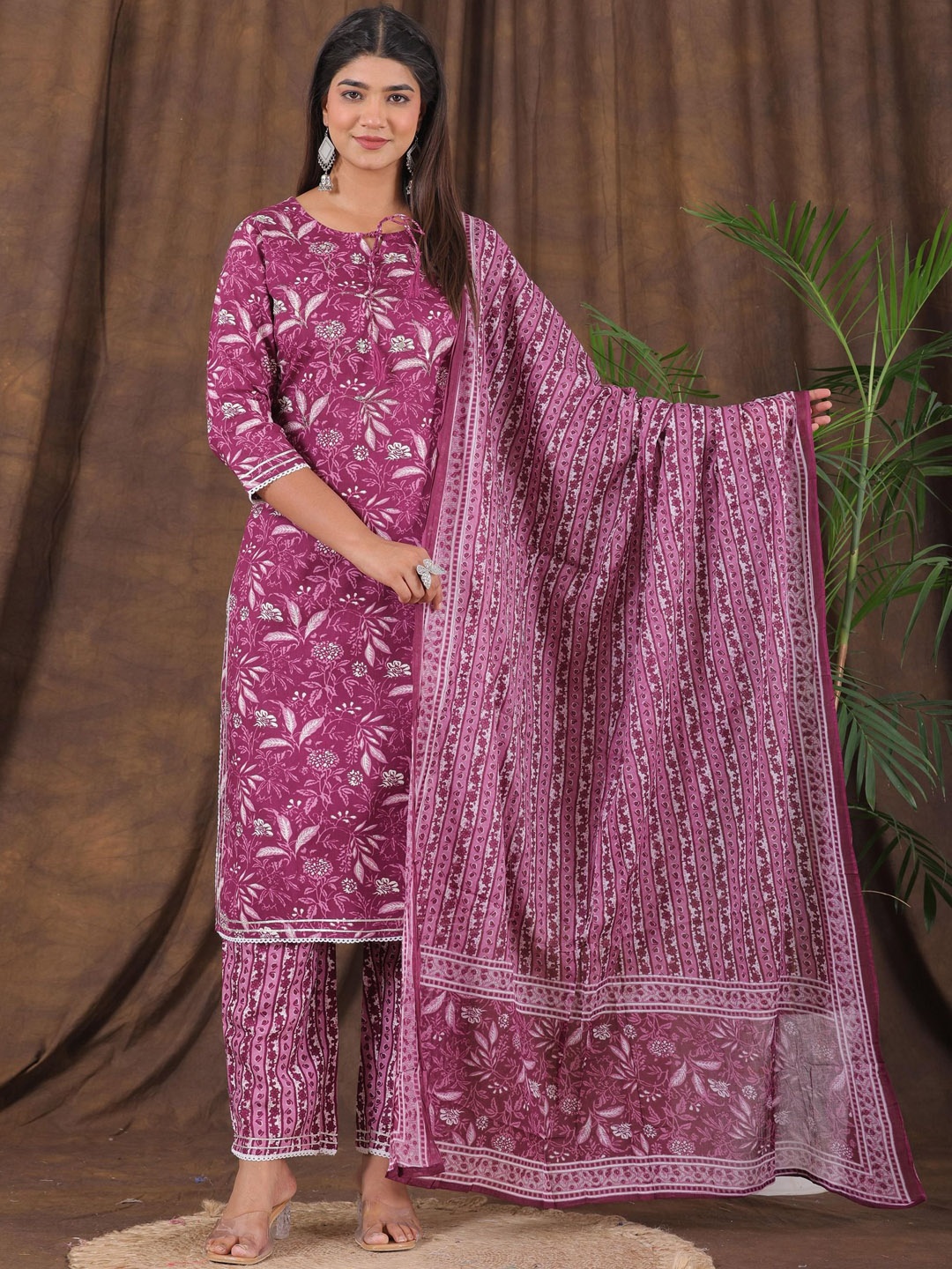 

PARTHVI Printed Tie-Up Neck Straight Kurta with Trousers & Dupatta, Purple