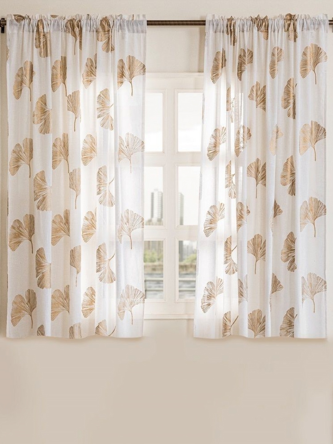 

HOMEMONDE Gold-Toned & White 2 Pieces Floral Printed Cotton Sheer Window Curtains