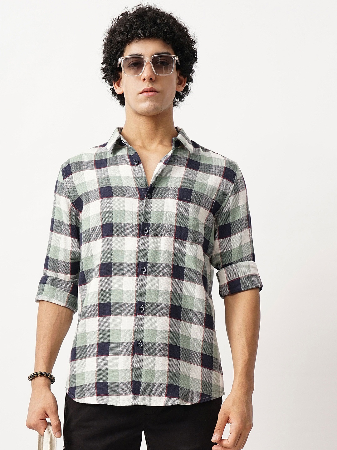 

British Club Men Classic Spread Collar Checked Cotton Slim Fit Casual Shirt, Green