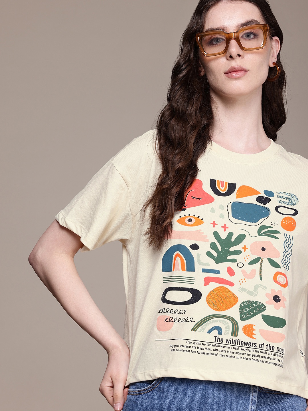 

The Roadster Life Co. Graphic Printed Drop-Shoulder Sleeves Boxy T-shirt, Beige
