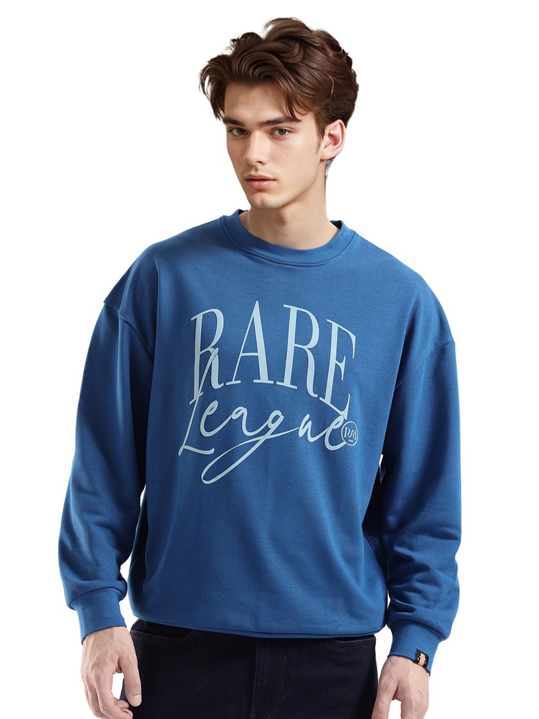 

RARE RABBIT Men Printed Round Neck Cotton Sweatshirt, Blue