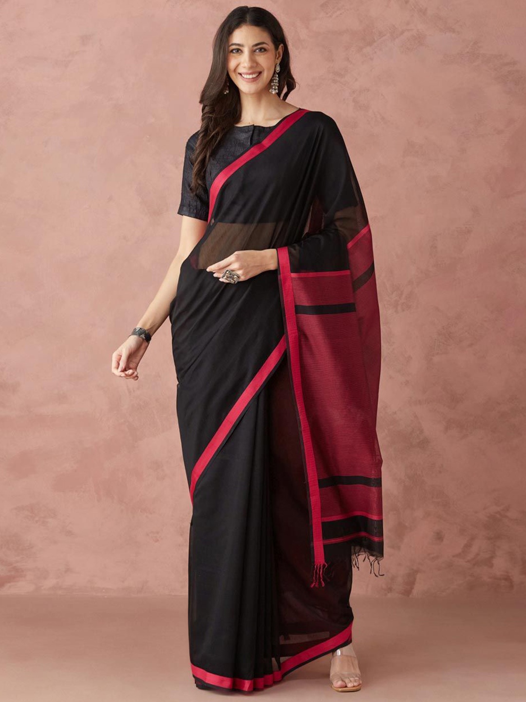 

Fabindia Black Cotton Silk Maheshwari Sari