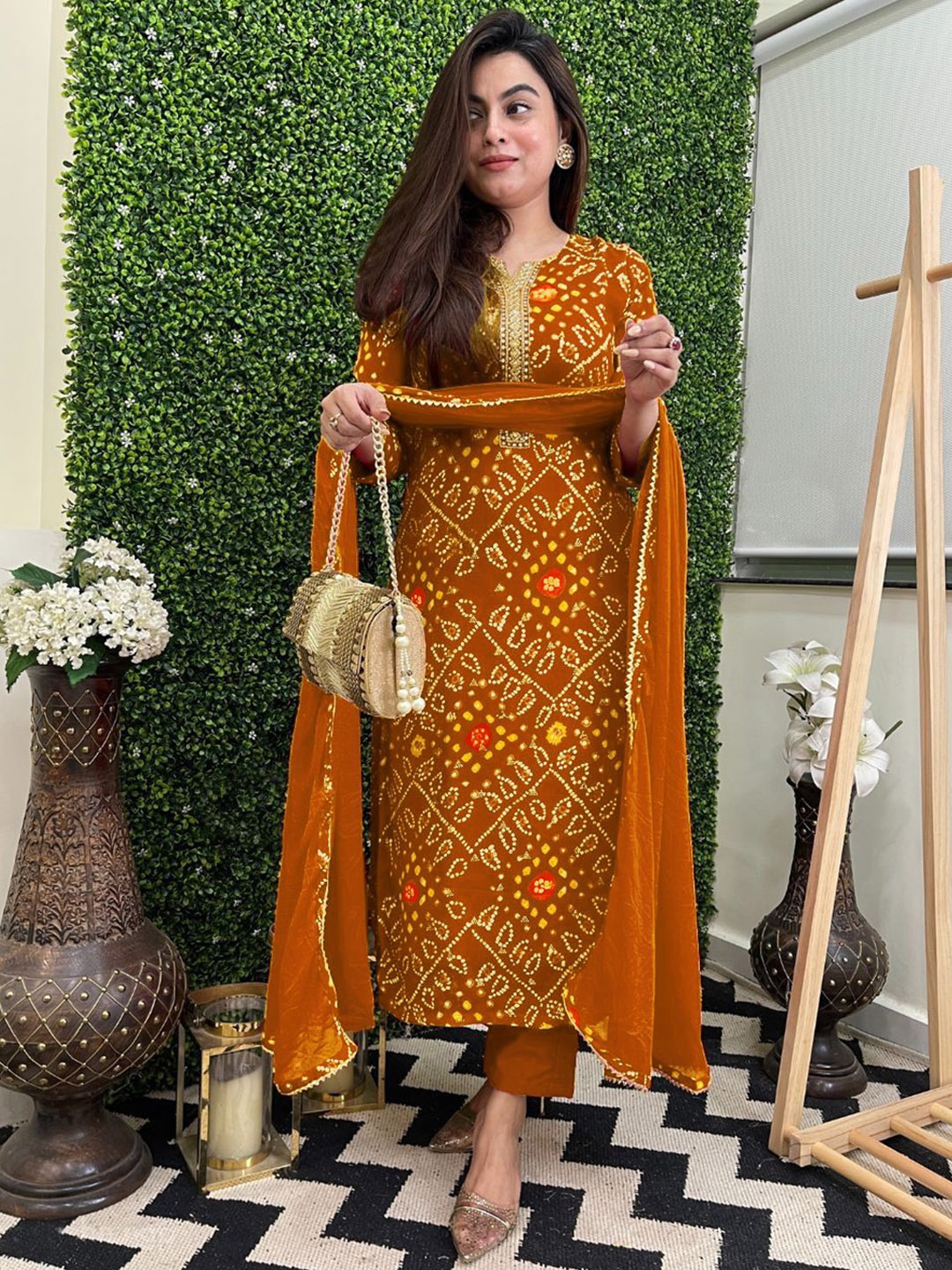 

GoSriKi Ethnic Motifs Printed Sequinned Straight Kurta With Trousers & Dupatta, Mustard