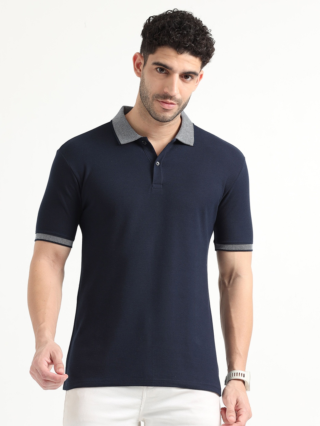 

ECOLINE Clothing Men Polo Collar Bio Finish Raw Edge T-shirt, Navy blue