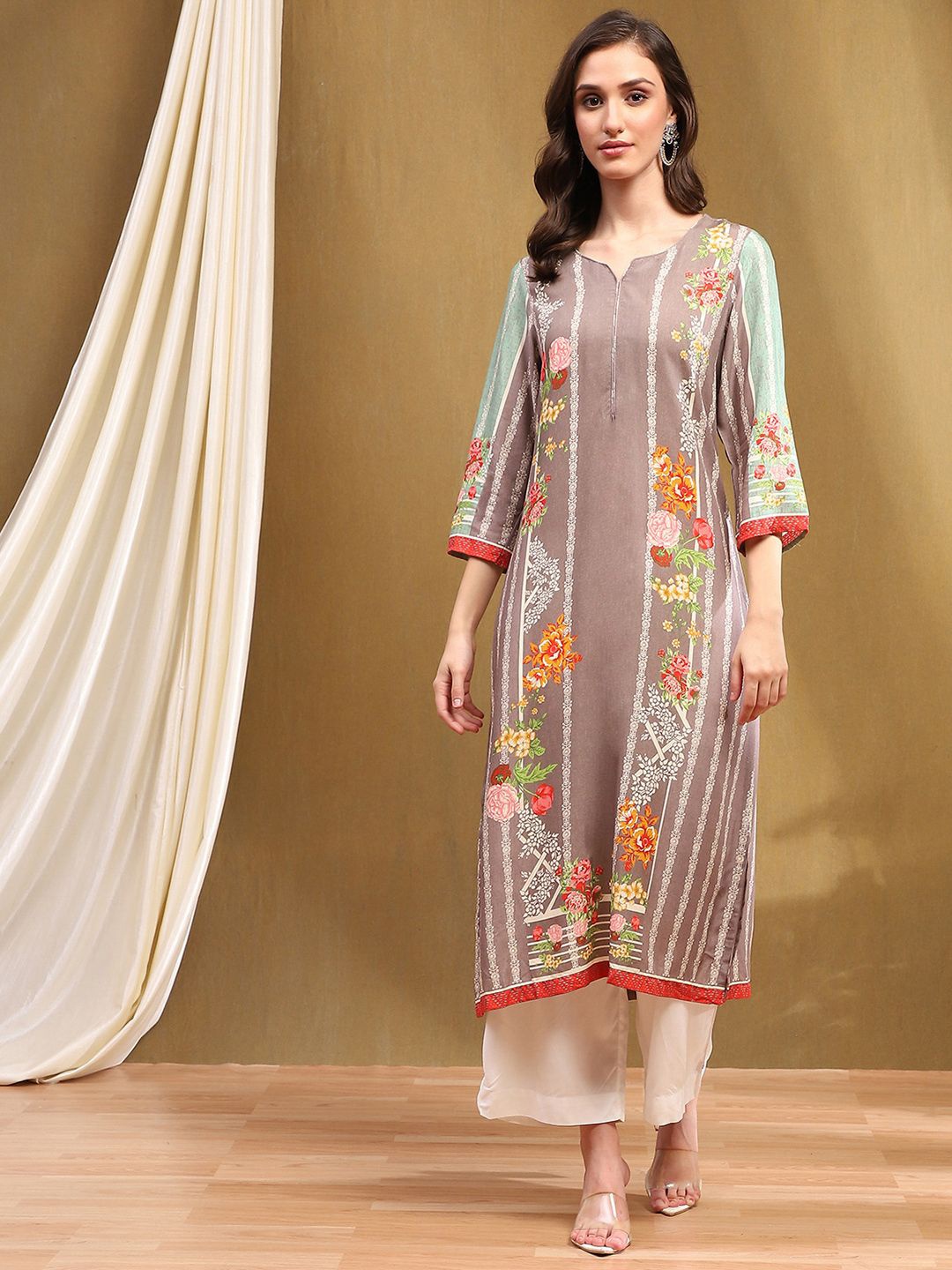 

Biba Floral Printed Straight Kurta, Grey
