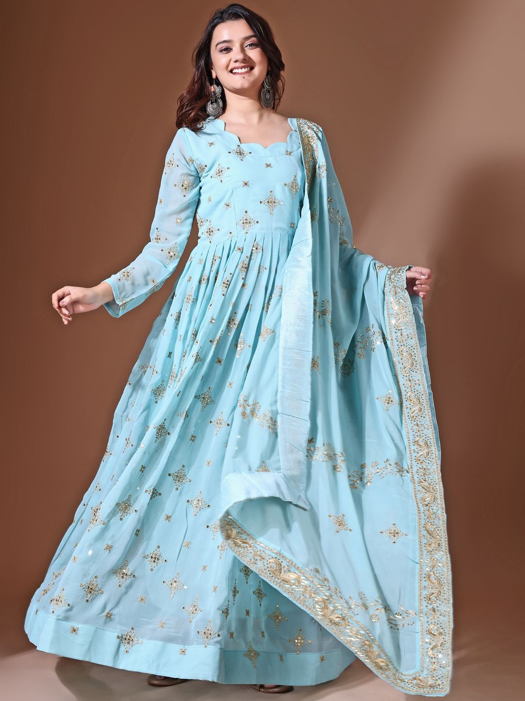 

KALINI Floral Embroidered Round Neck Gathered Georgette Maxi Ethnic Dress With Dupatta, Blue