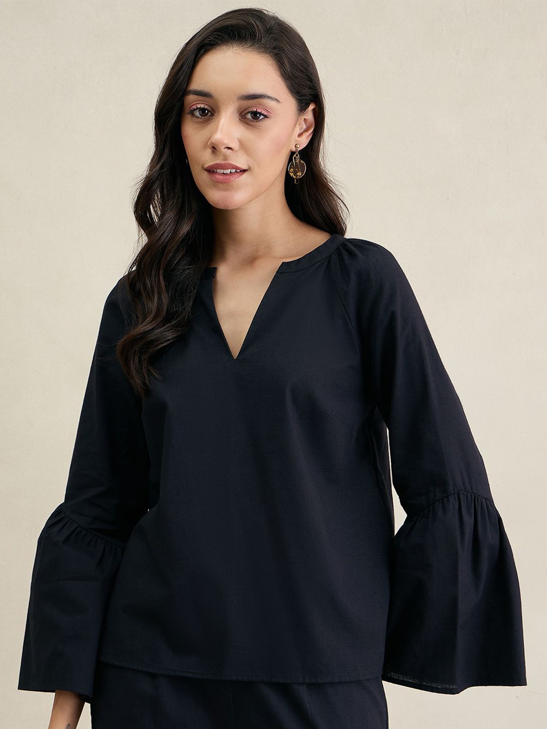 

FEMMELLA Women Bell Sleeve Cotton Top, Black