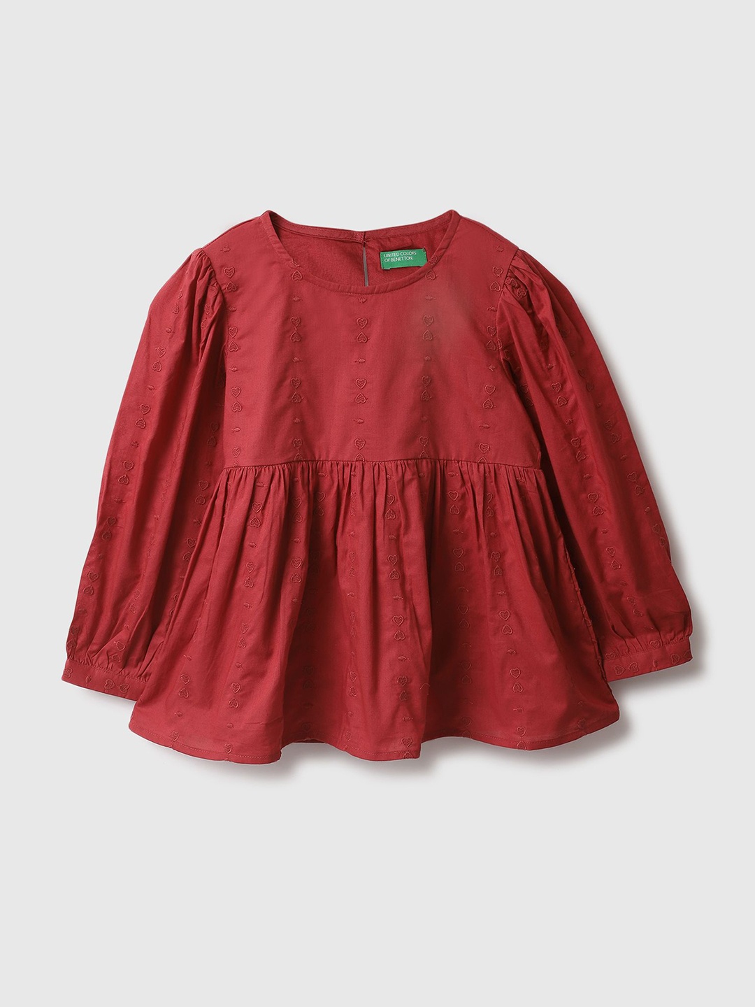 

United Colors of Benetton Girls Embroidered Pure Cotton Regular Fit Round Neck Cotton Top, Maroon