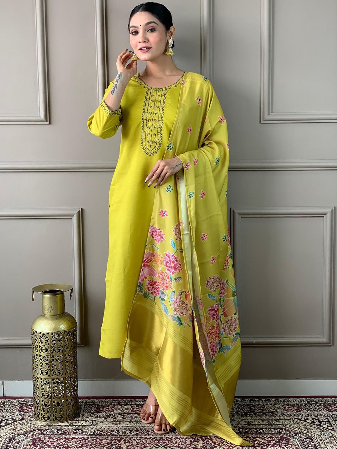 

THE52 Floral Embroidered Chanderi Cotton Straight Kurta with Trousers & Dupatta, Mustard
