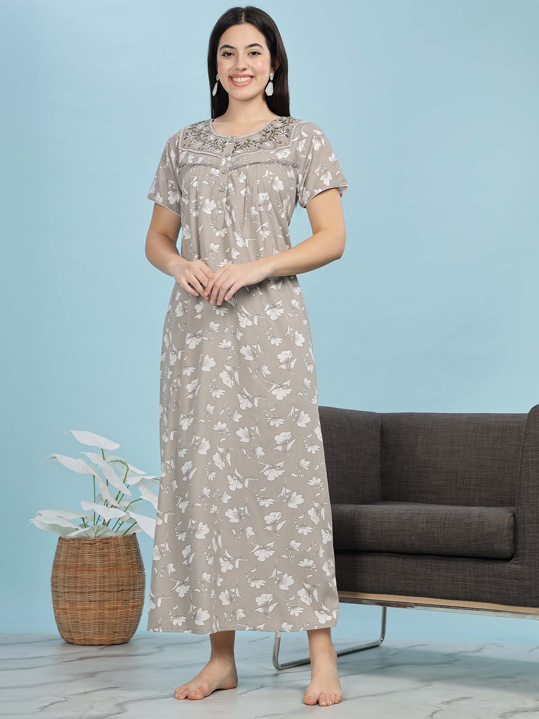 

9shines Label Printed Maxi Nightdress, Grey