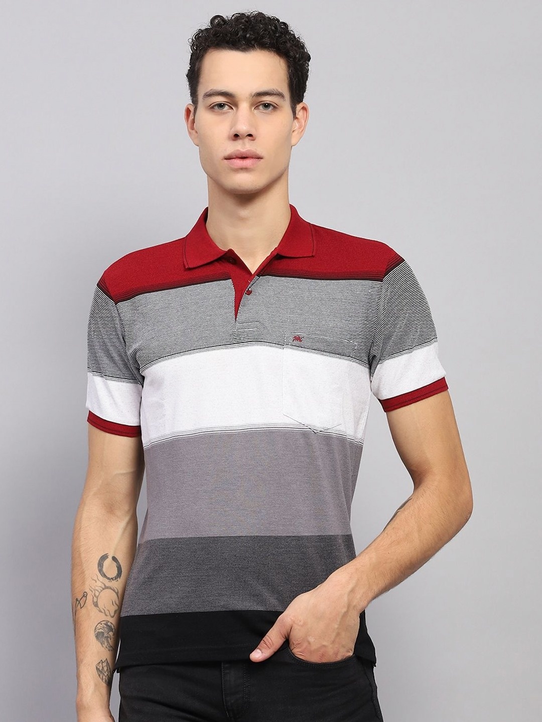 

Monte Carlo Men Striped Polo Collar Cotton T-shirt, Maroon