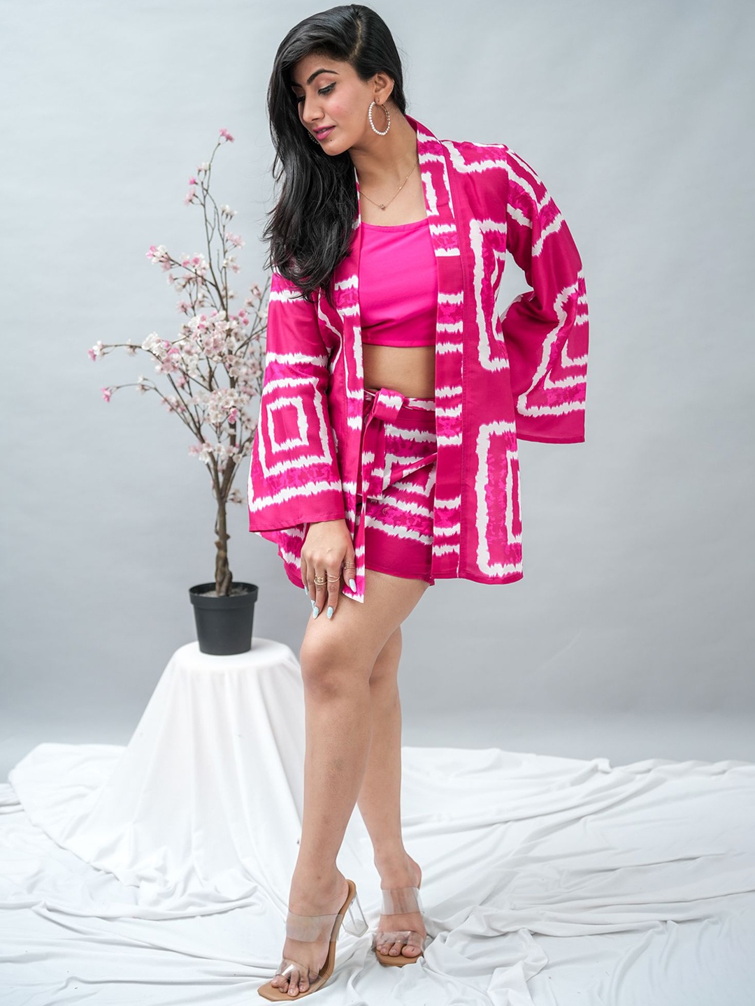 

GO BOUJEE Printed Pure Cotton Top & Shorts With Shrug Co-Ords, Magenta