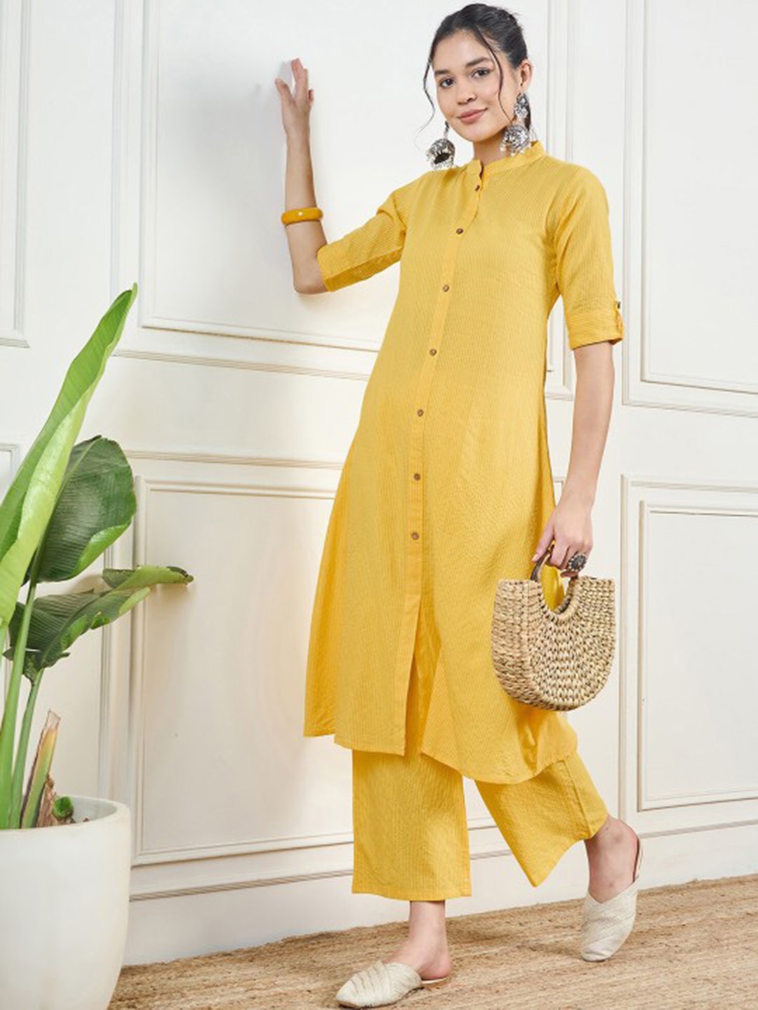 

Moktika Women Panelled Kantha Work Kurta with Trousers, Yellow