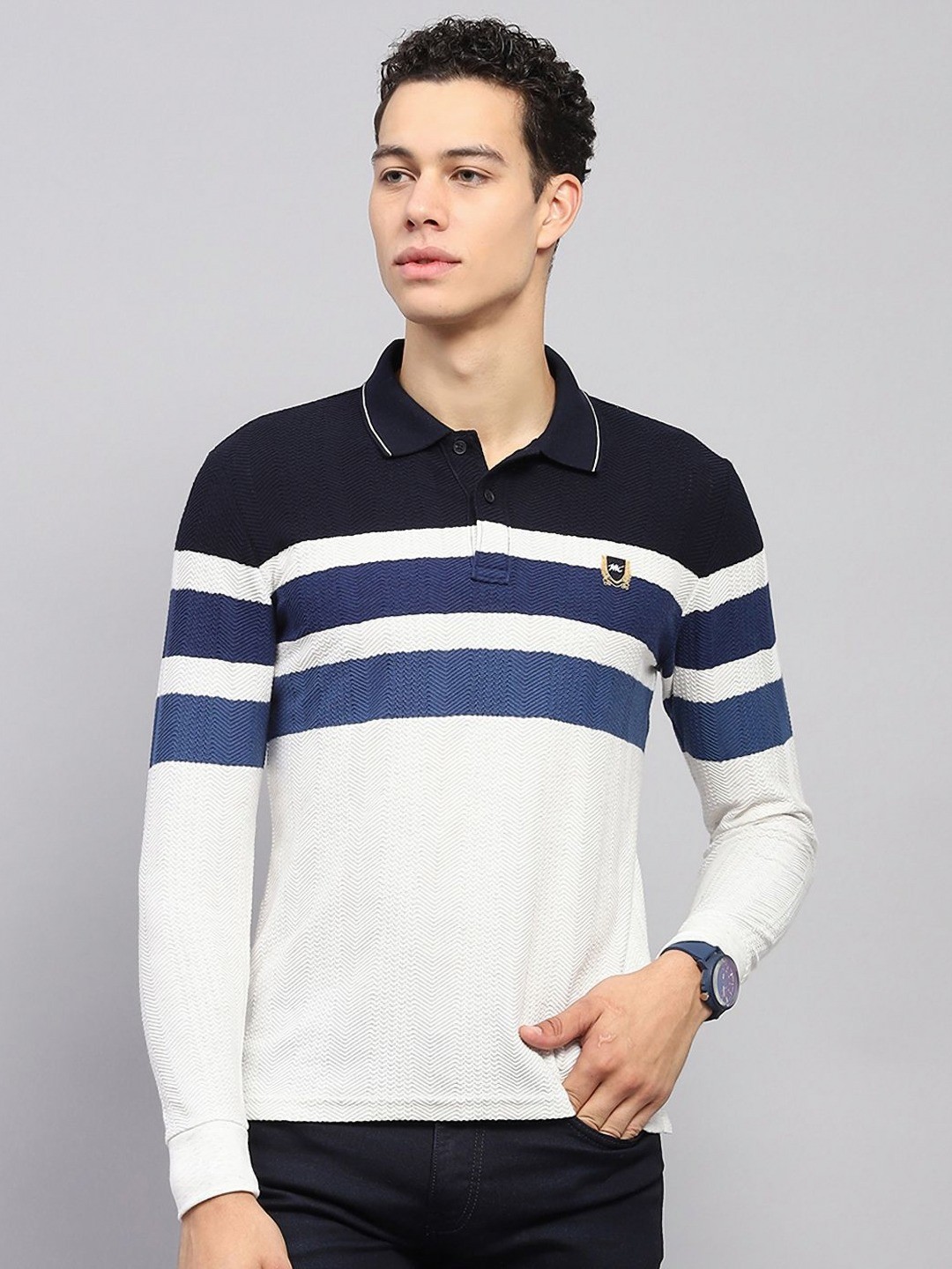 

Monte Carlo Men Striped Polo Collar Cotton T-shirt, White