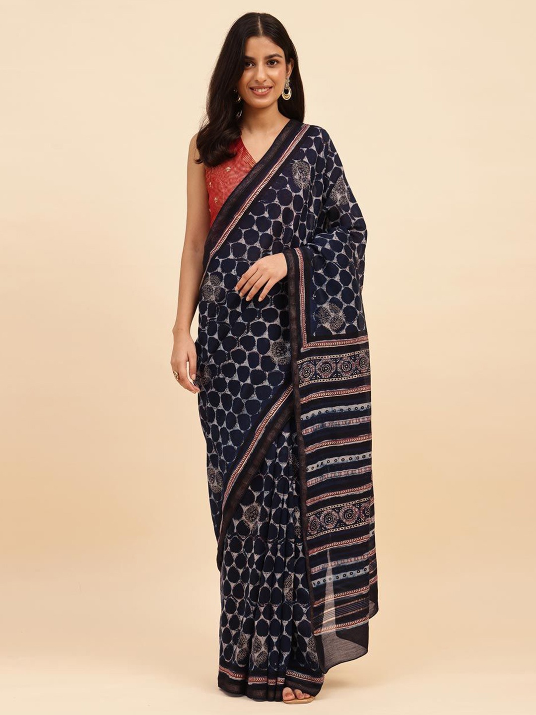 

Fabindia Dabu Printed Saree, Blue
