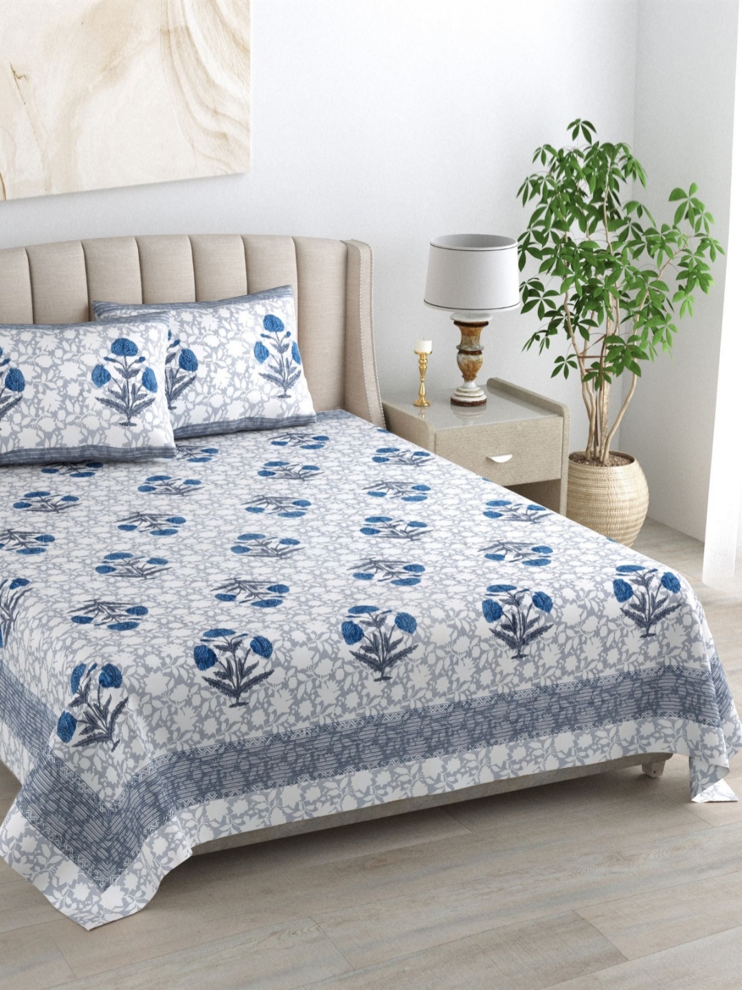 

DE CAMA Blue Floral Pure Cotton 210 TC King Bedsheet with 2 Pillow Covers 2.28 x 2.74 Mts