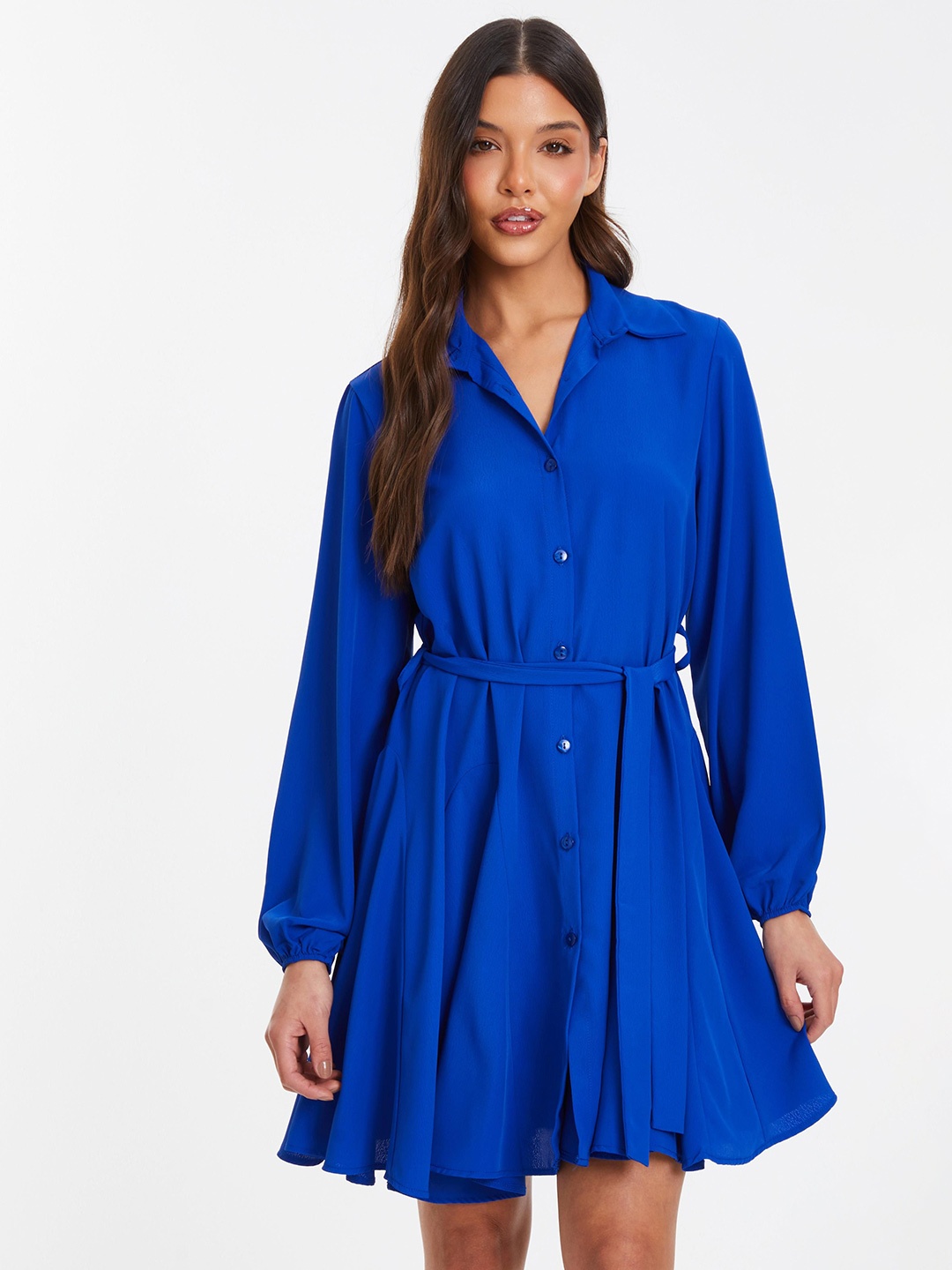

QUIZ Women Long Sleeves Casual Shirt Dress With Belt, Blue