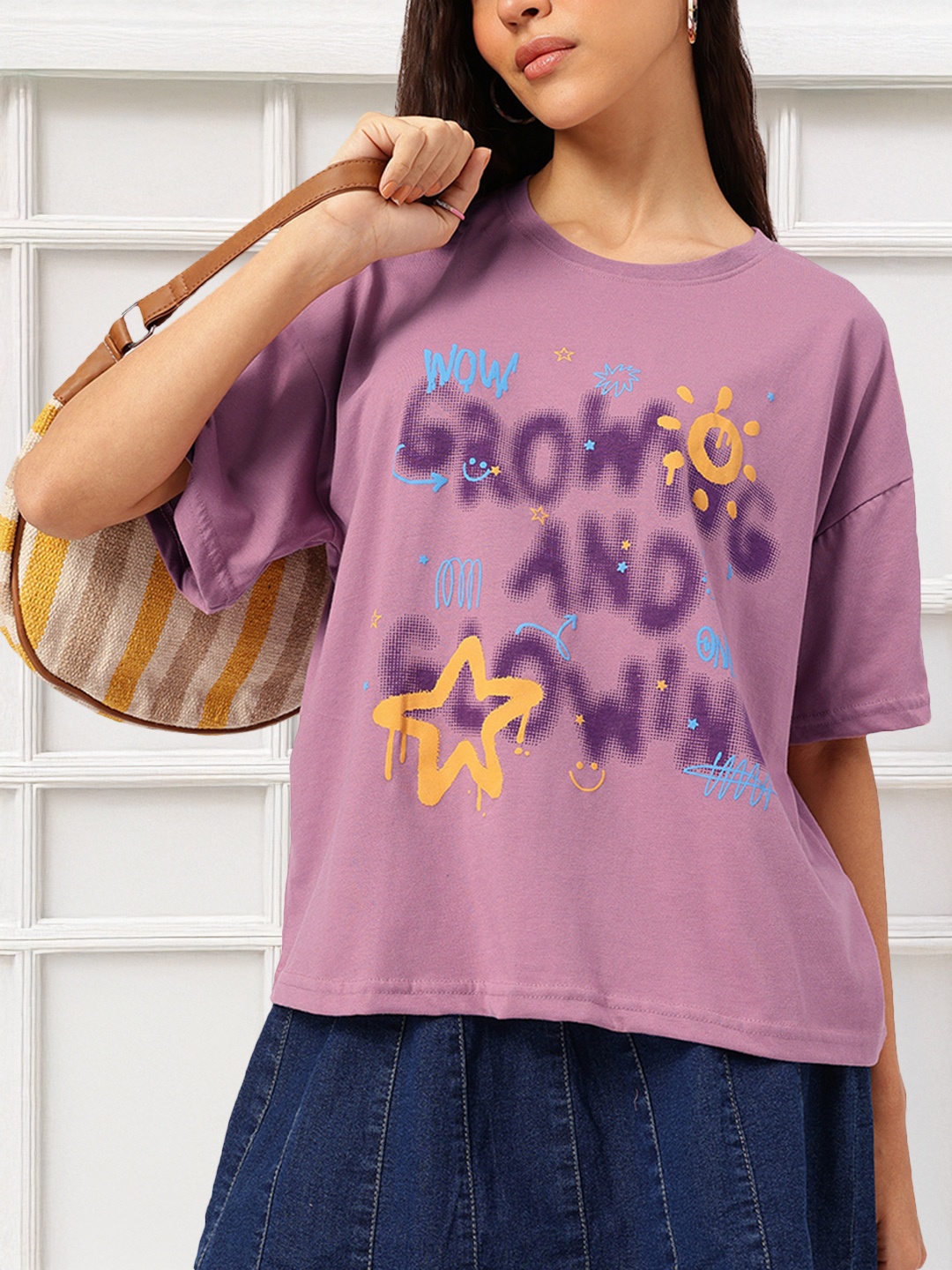 

DressBerry Glow & Glam Typography Printed Drop Sleeves Relaxed Tee, Mauve