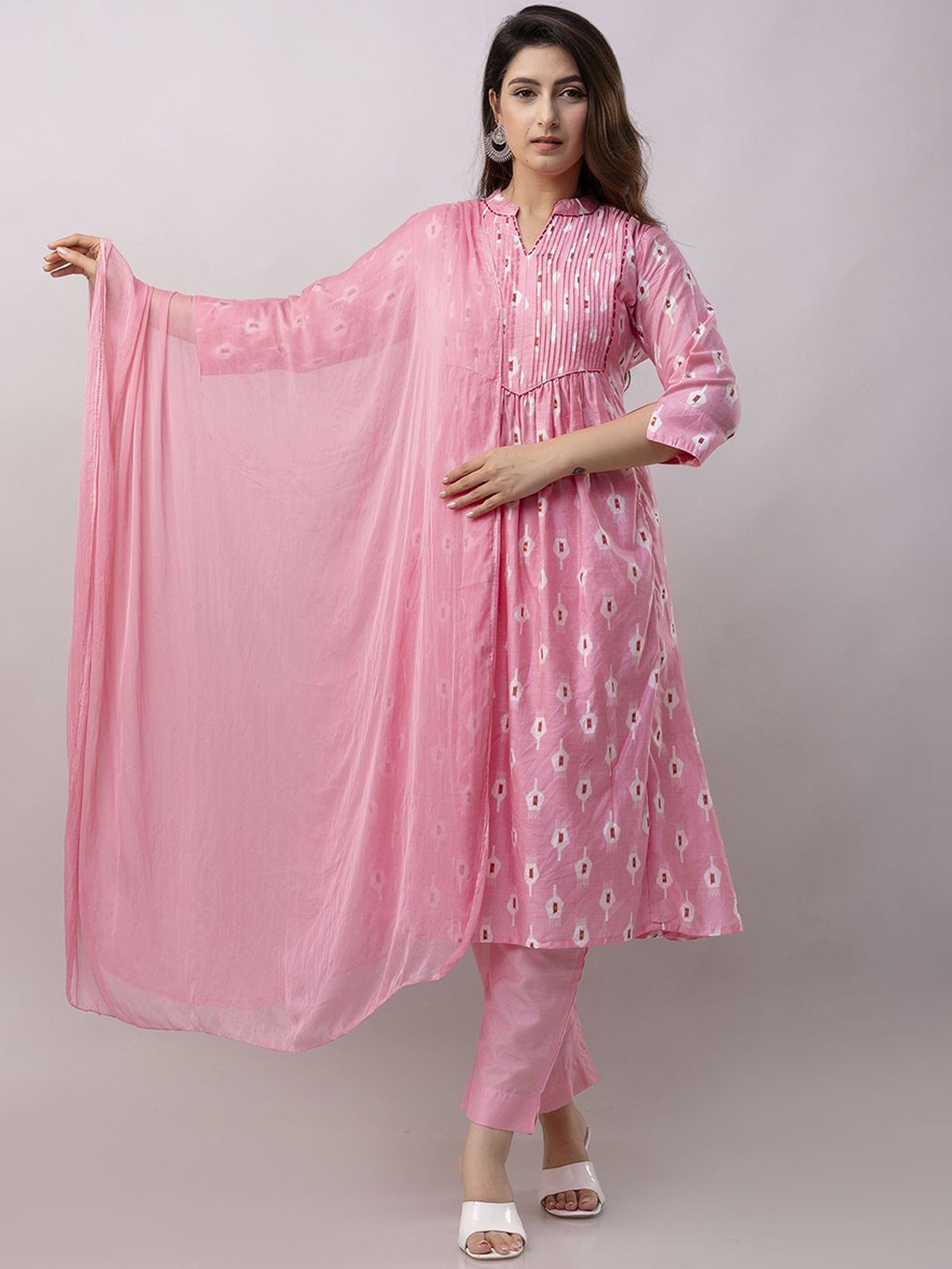 

Aawari Floral Printed Empire Pure Silk Anarkali Kurta with Trousers & Dupatta, Pink