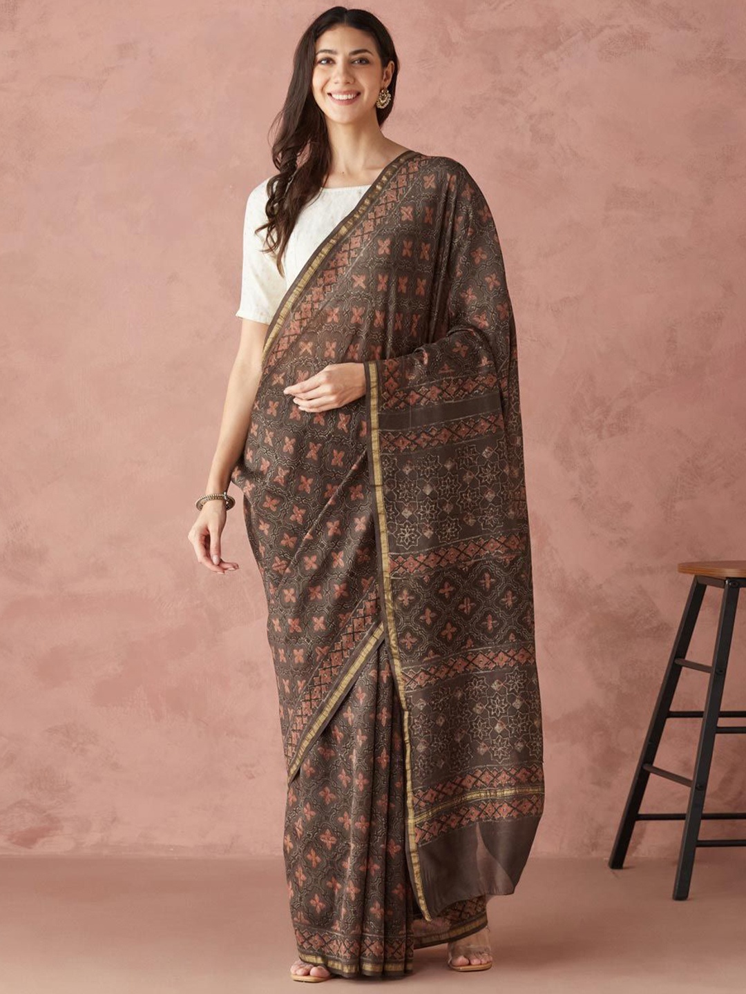 

Fabindia Ethnic Motifs Printed Zari Saree, Brown