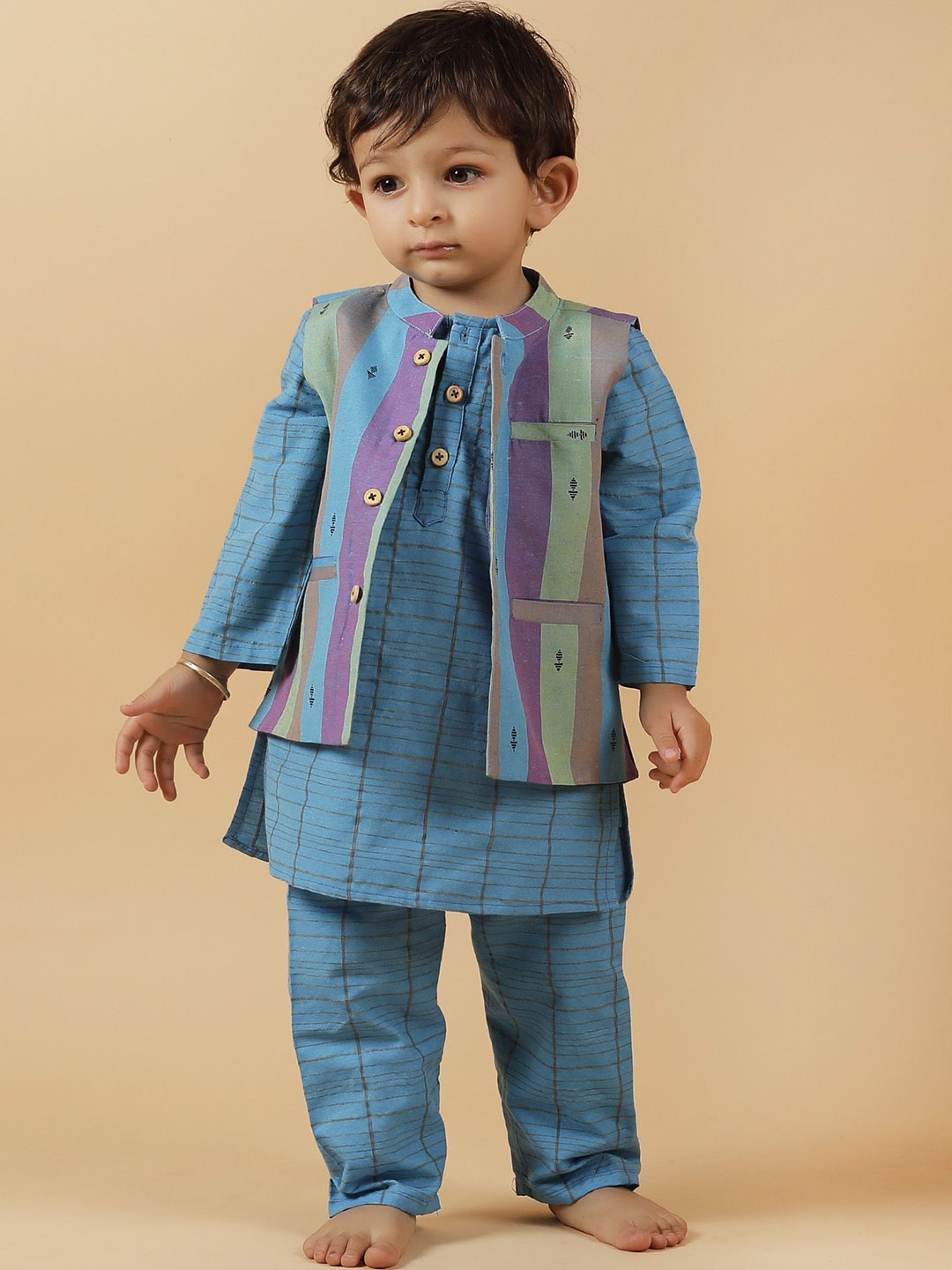 

TJORI Boys Striped Regular Pure Cotton Kurta with Pyjamas, Blue