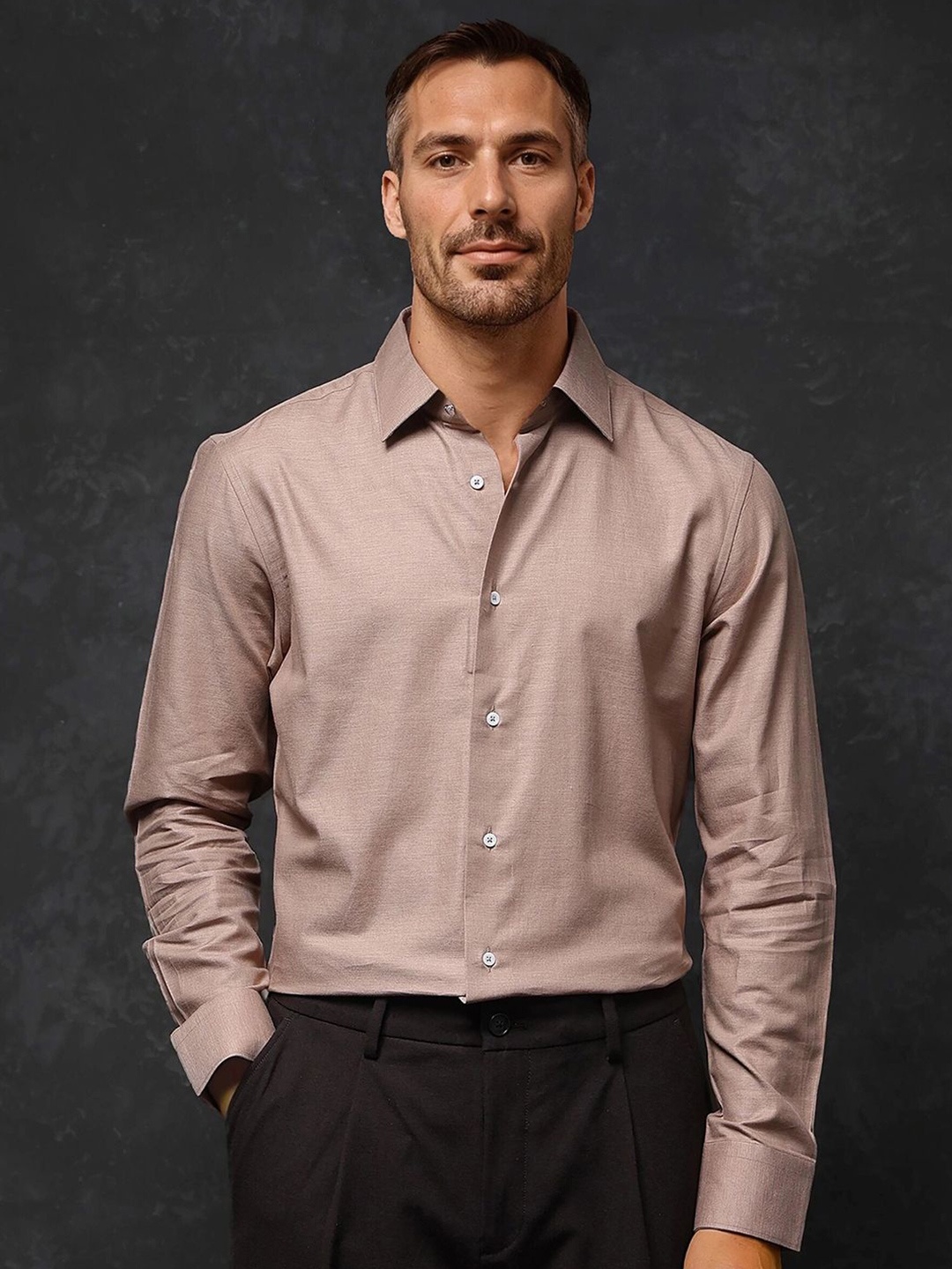 

RARE RABBIT Men Comfort Spread Collar Solid Cotton Formal Shirt, Peach