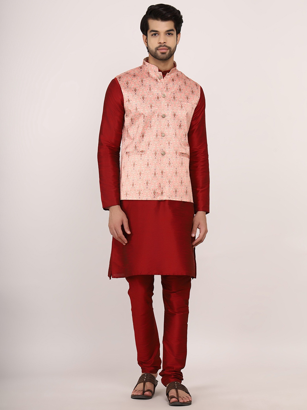 

Sadree Mandarin Collar Long Sleeves Straight Kurta with Churidar & Nehru jacket, Maroon