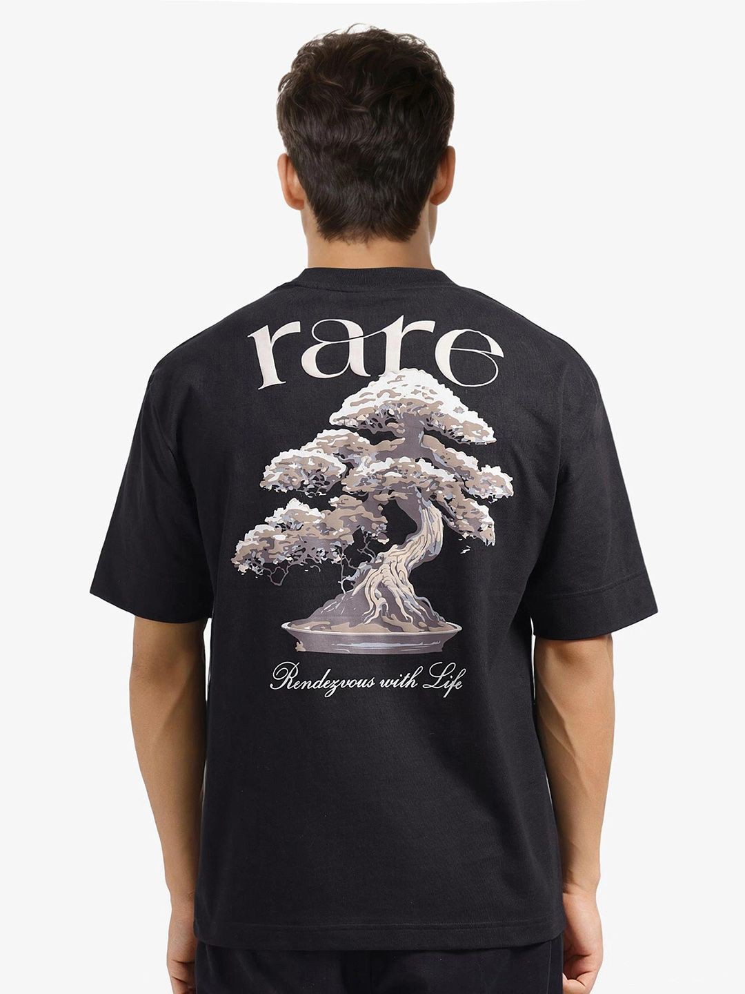 

RARE RABBIT Men Graphic Printed Round Neck Cotton Oversized T-shirt, Black