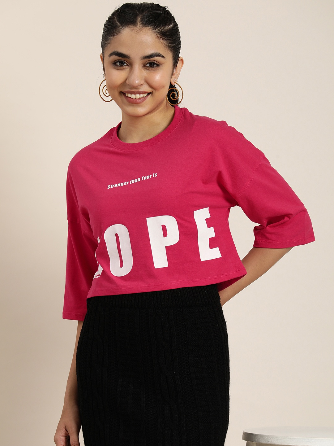

HERE&NOW Women Typography Printed Drop-Shoulder Sleeves Boxy T-shirt, Pink