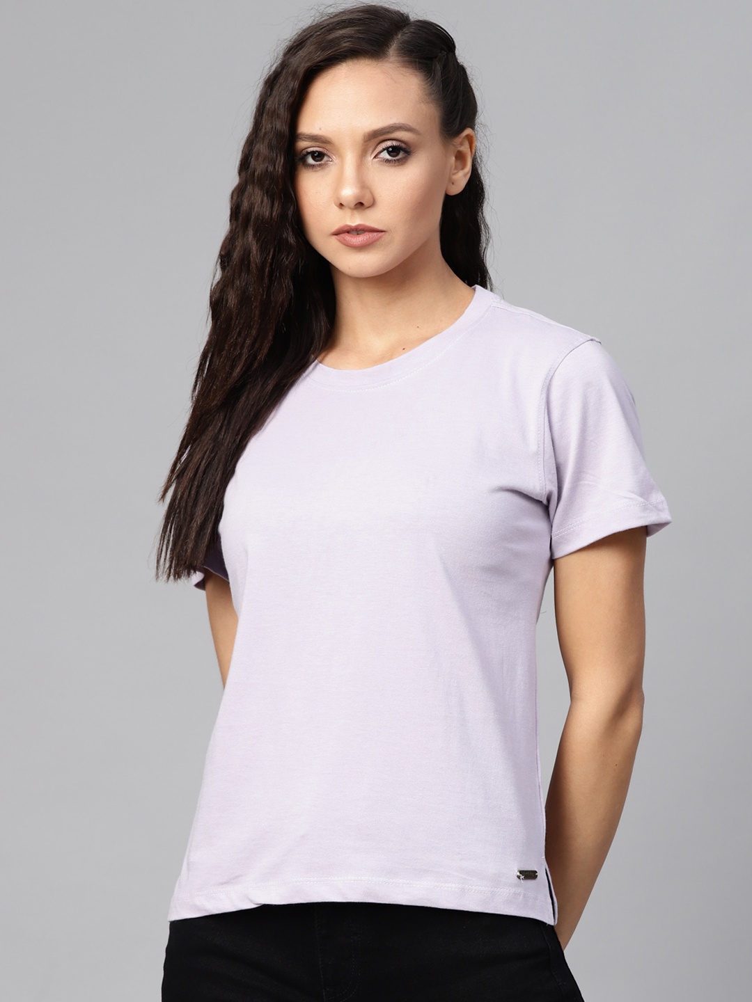 

Roadster Women Lavender Solid Round Neck T-shirt
