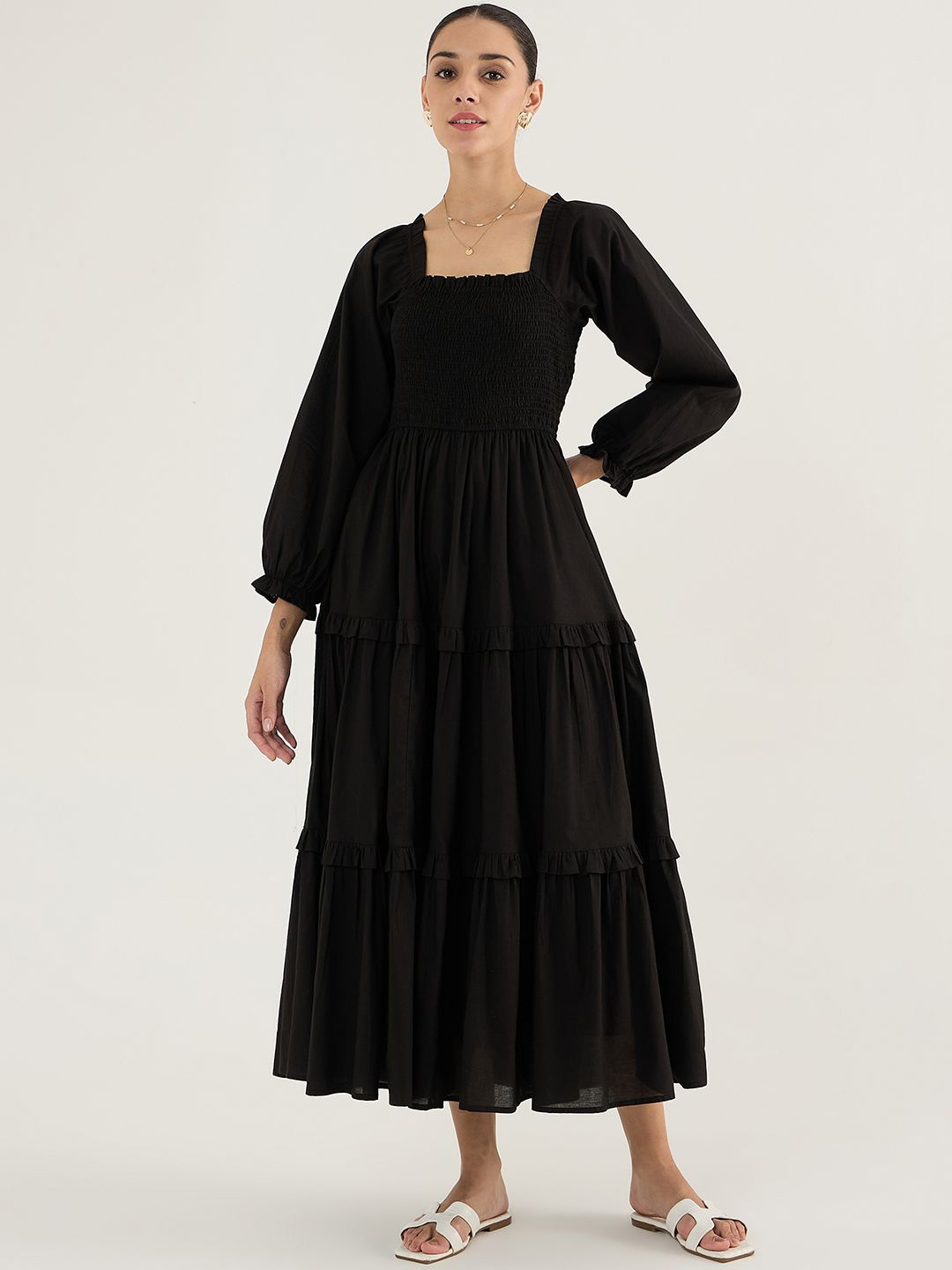 

FEMMELLA Puff Sleeve Smocked Detail Cotton Fit & Flare Maxi Dress, Black