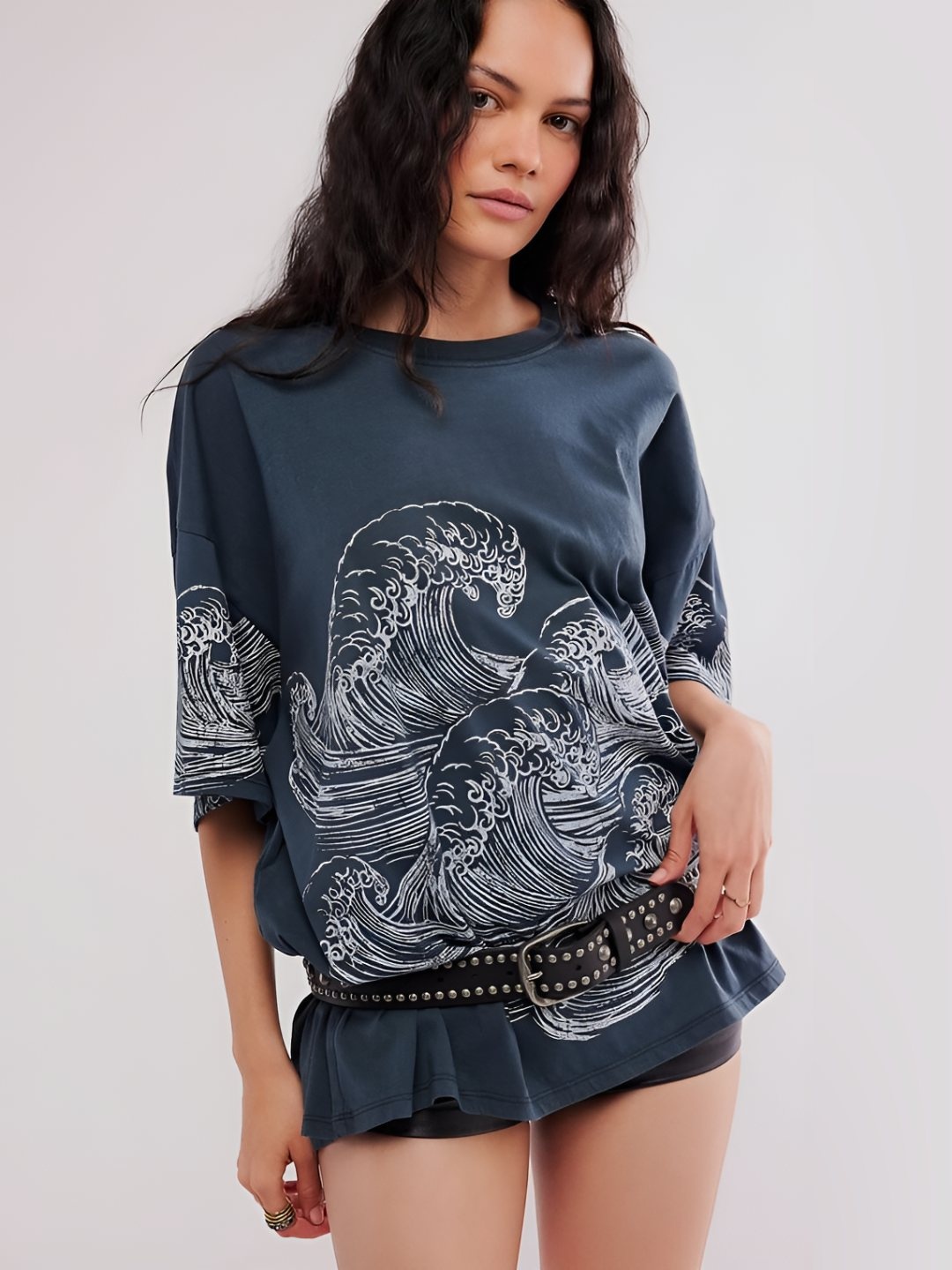 

LULU & SKY Women Graphic Printed Round Neck Cotton Oversized T-shirt, Blue