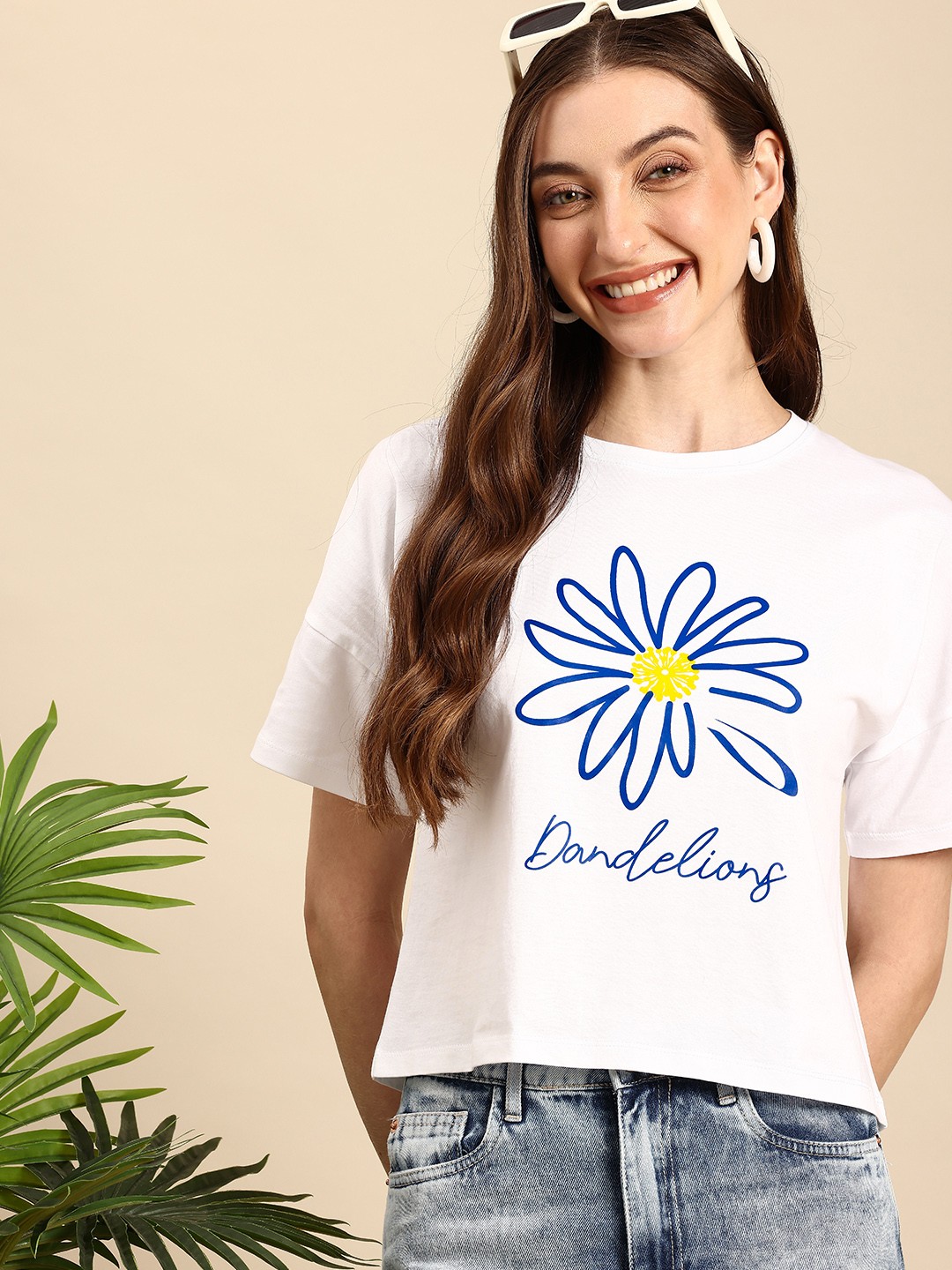 

Mast & Harbour Floral Printed Drop-Shoulder Sleeves Pure Cotton T-shirt, White