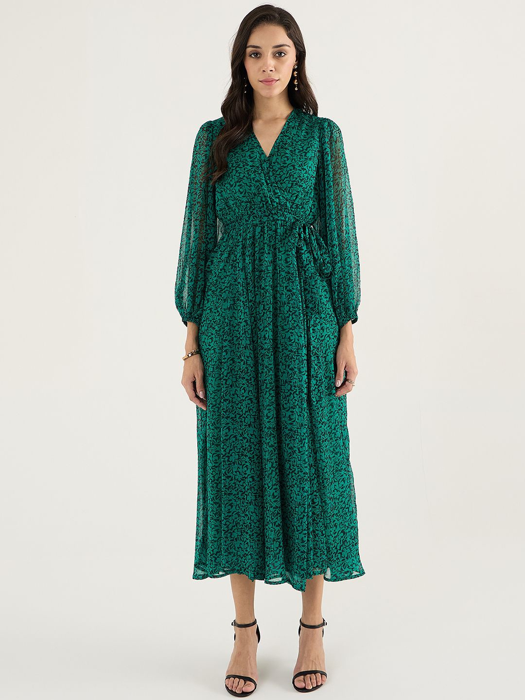 

FEMMELLA Floral Print Puff Sleeve Wrap Dress, Green