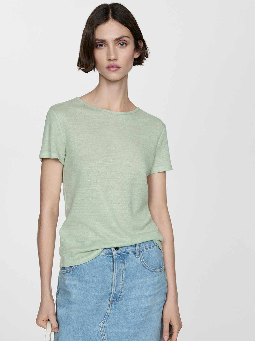 

MANGO Round Neck Linen T-shirt, Green