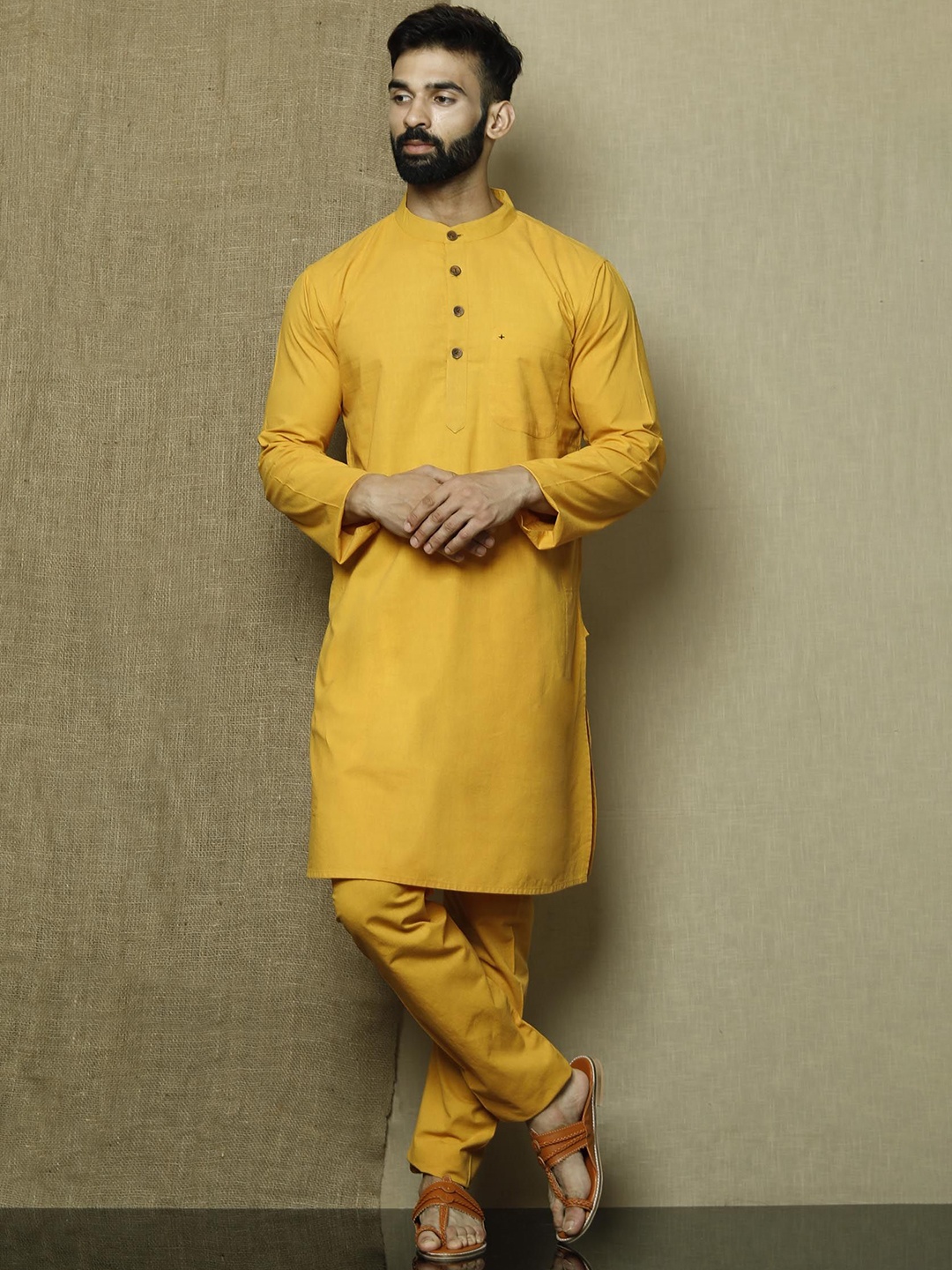 

TJORI Mandarin Collar Pure Cotton Straight Kurta with Pyjamas, Yellow
