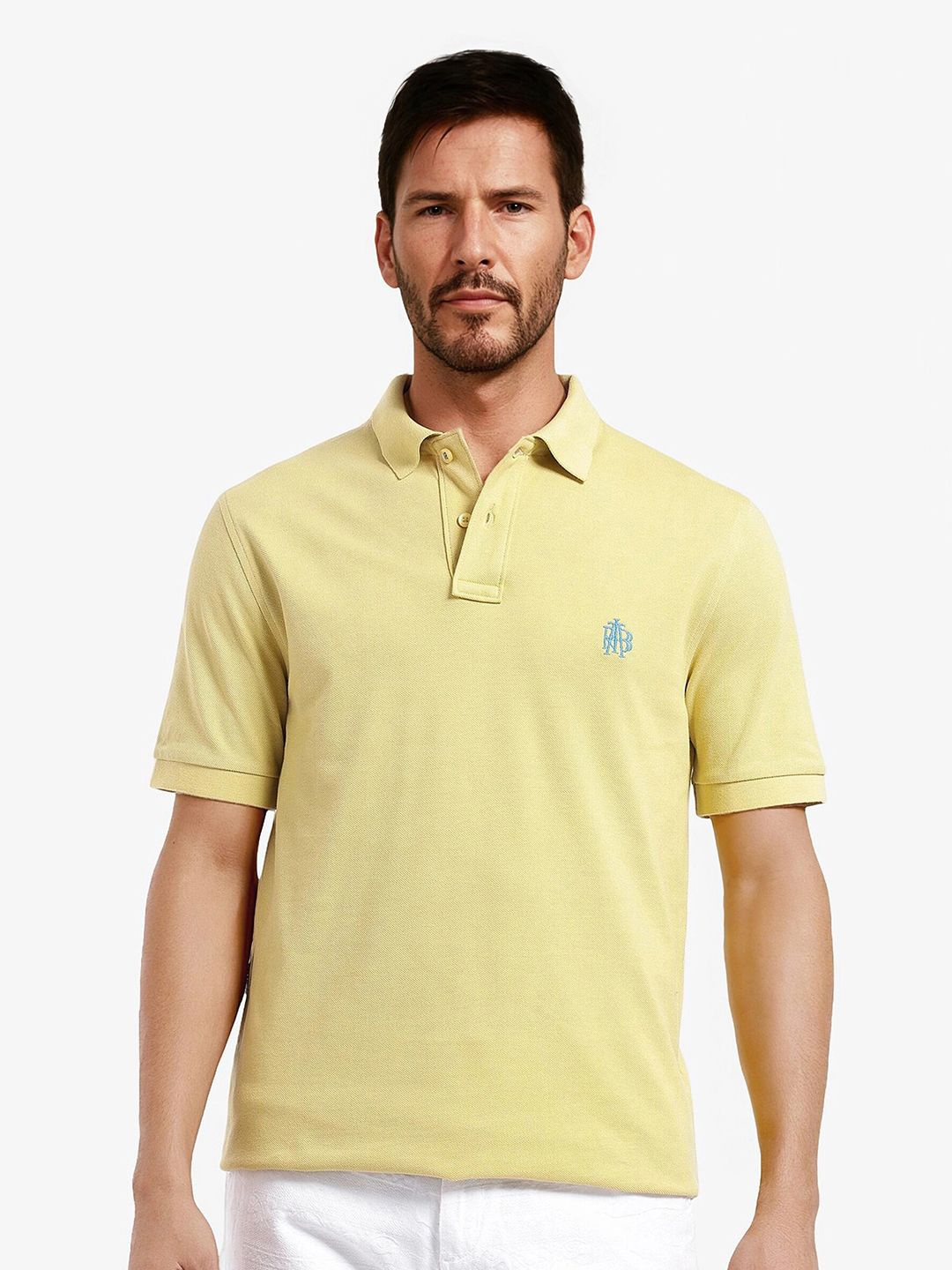 

RARE RABBIT Men Printed Polo Collar Raw Edge T-shirt, Yellow