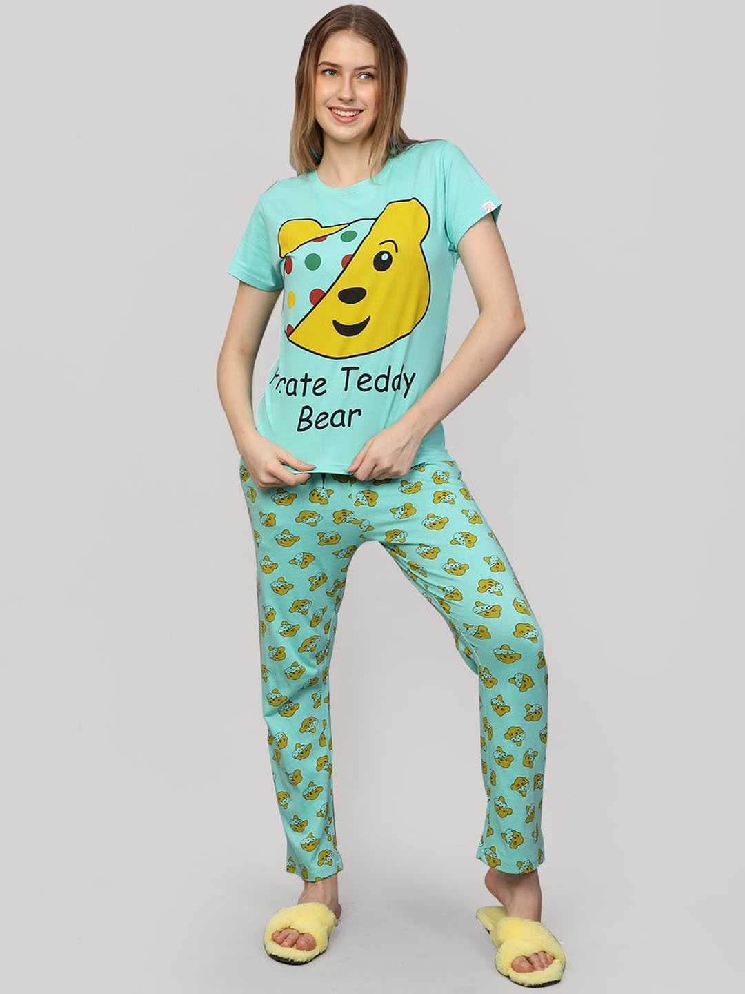 

evolove Women Cartoon Characters Printed T-shirt & Pyjamas Night suit, Green