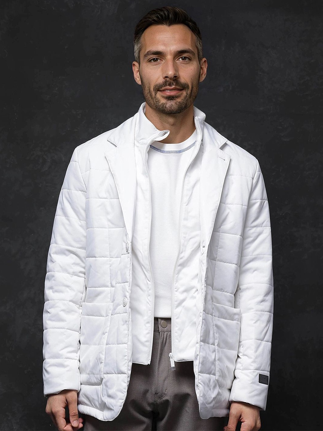 

RARE RABBIT Men Lapel Collar Solid Casual Padded Jacket, Off white