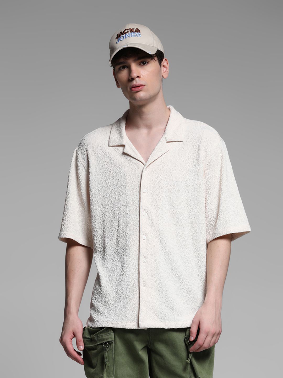 

Jack & Jones Men Cuban Collar Solid Slim Fit Casual Shirt, Cream