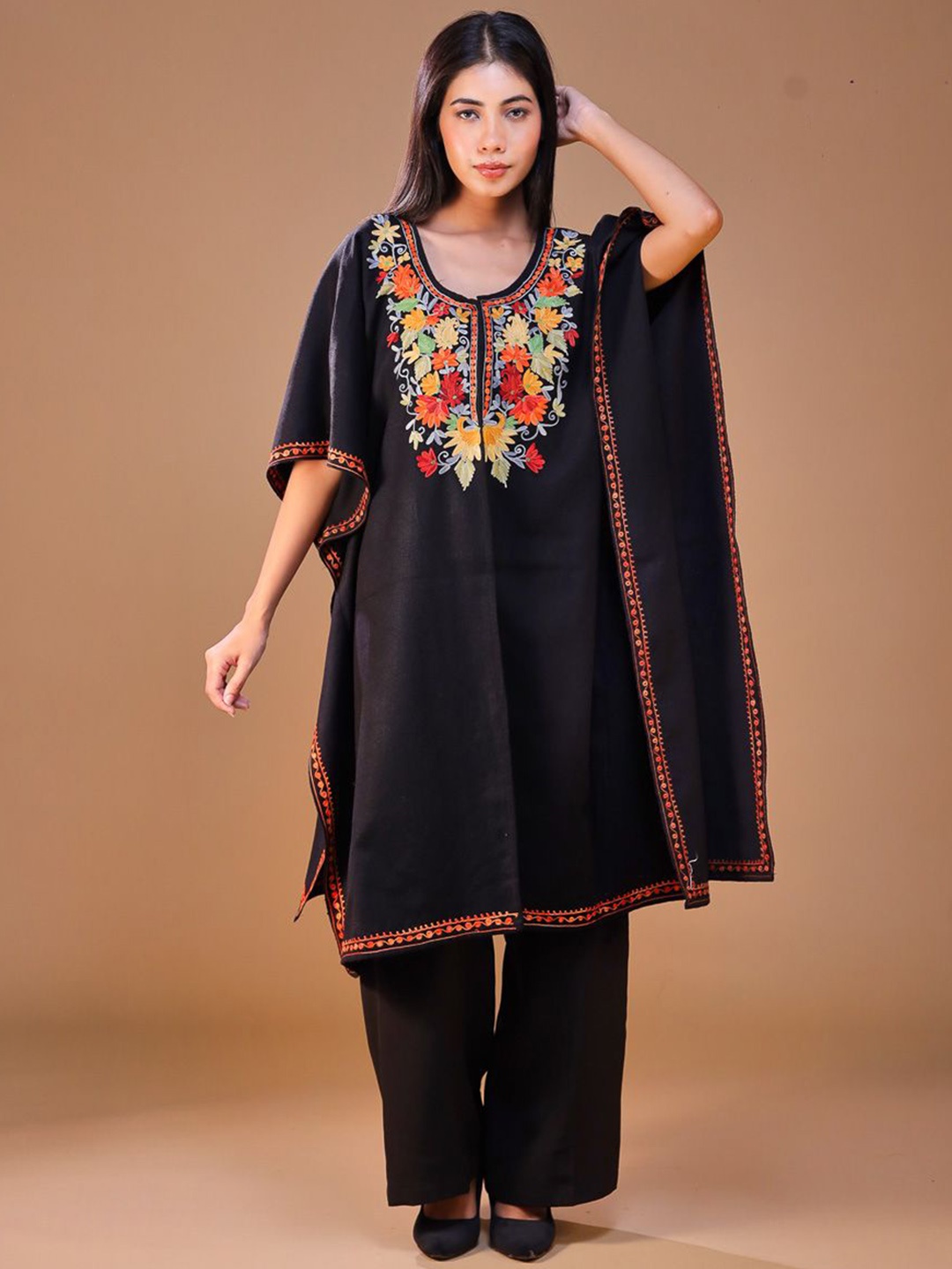 

SWI Stylish Women Floral Woollen Lightweight Cape Jacket with Embroidered, Black