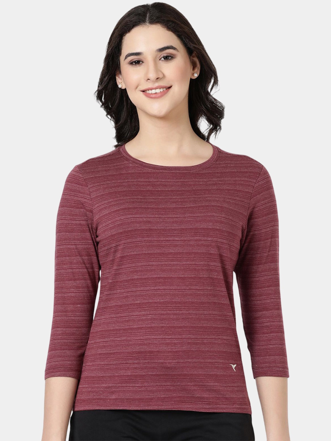 

BLOSSOM Women Three-Quarter Sleeves Striped Round Neck Lounge Tshirts, Maroon