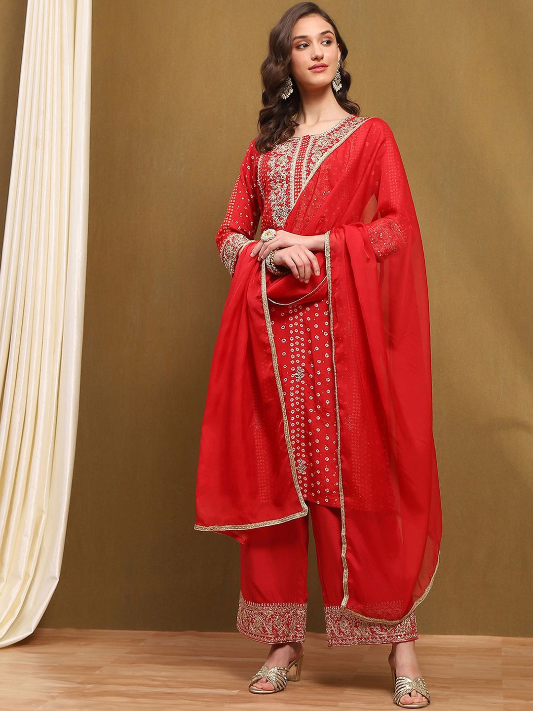 

Biba Ethnic Motifs Embroidered Sequinned Straight Kurta With Palazzo & Dupatta, Red