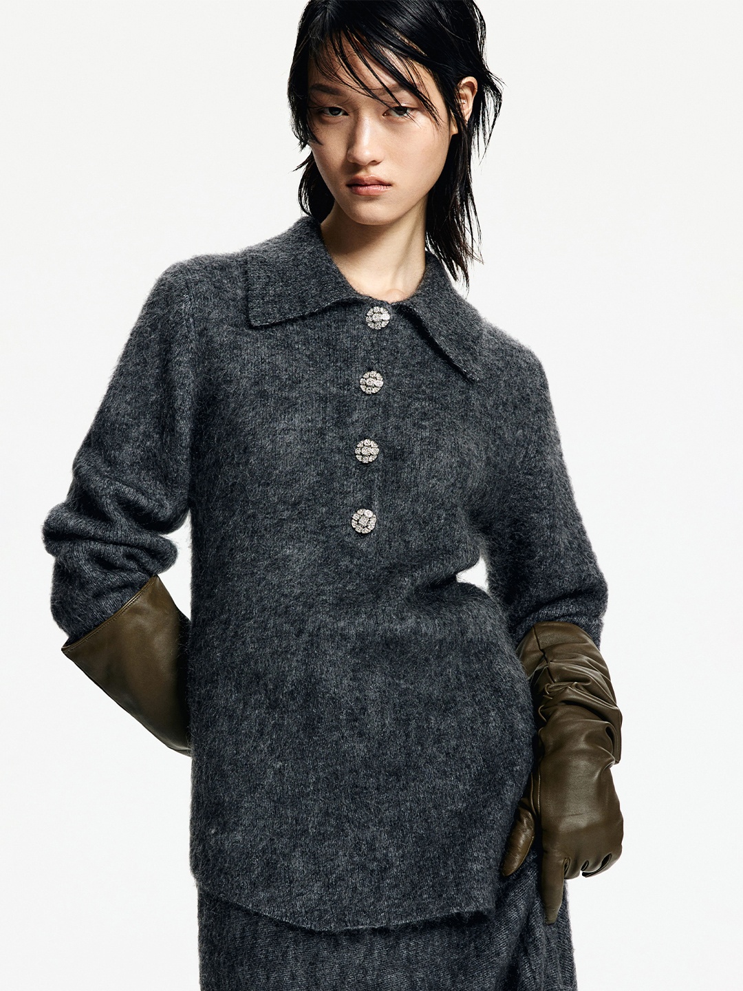 

H&M Women Mohair-Blend Collared Jumper, Grey