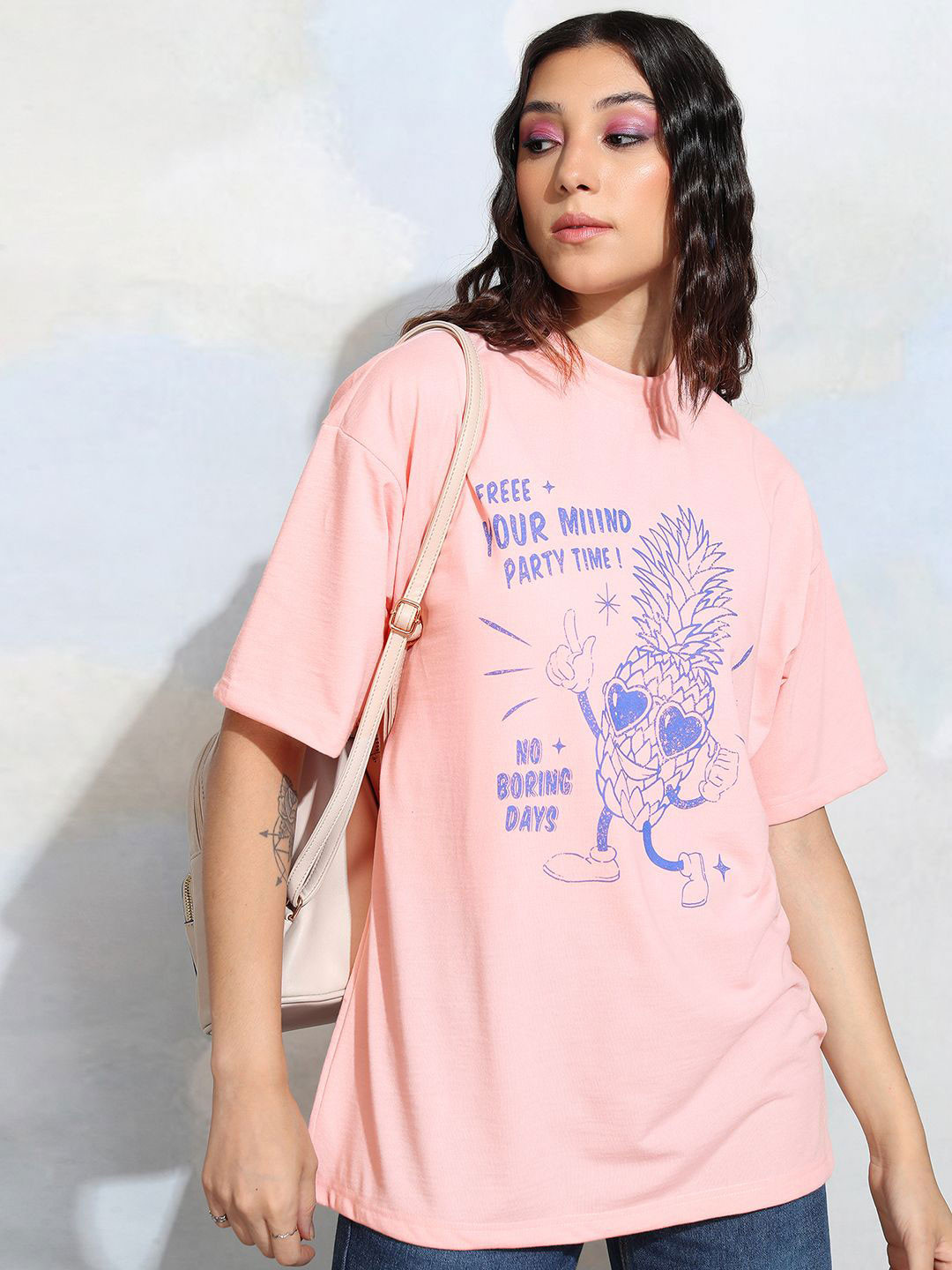 

Tokyo Talkies Women Graphic Printed Drop Shoulder Oversized T-shirt, Pink