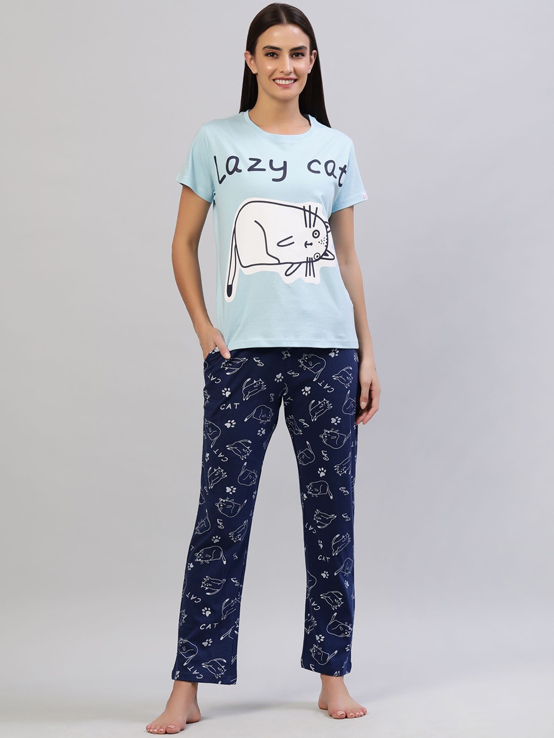 

evolove Women Pure Cotton Printed Night suit, Blue