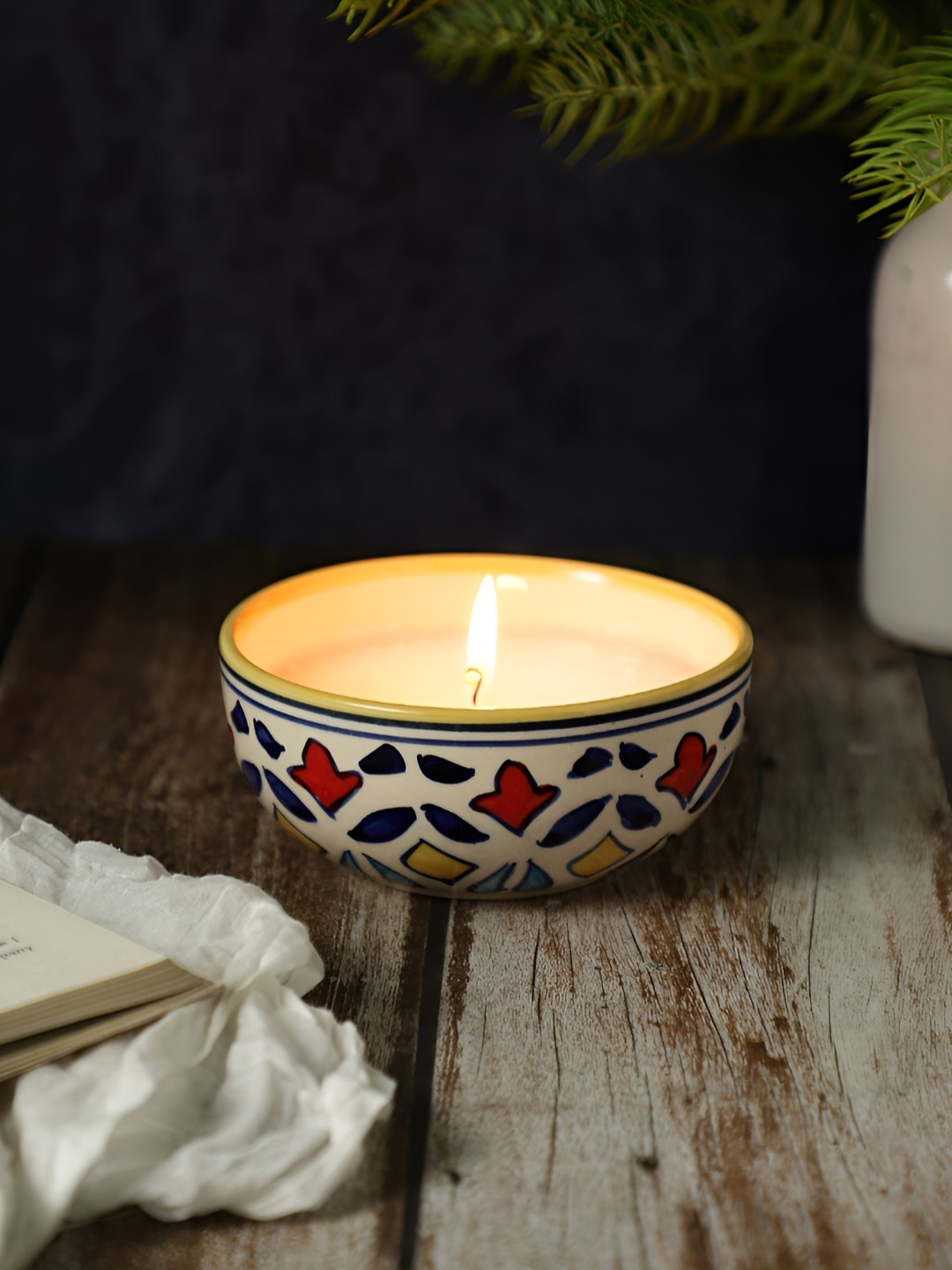 

VarEesha Rangriti White & Red Printed Scented Ceramic Diya Candle