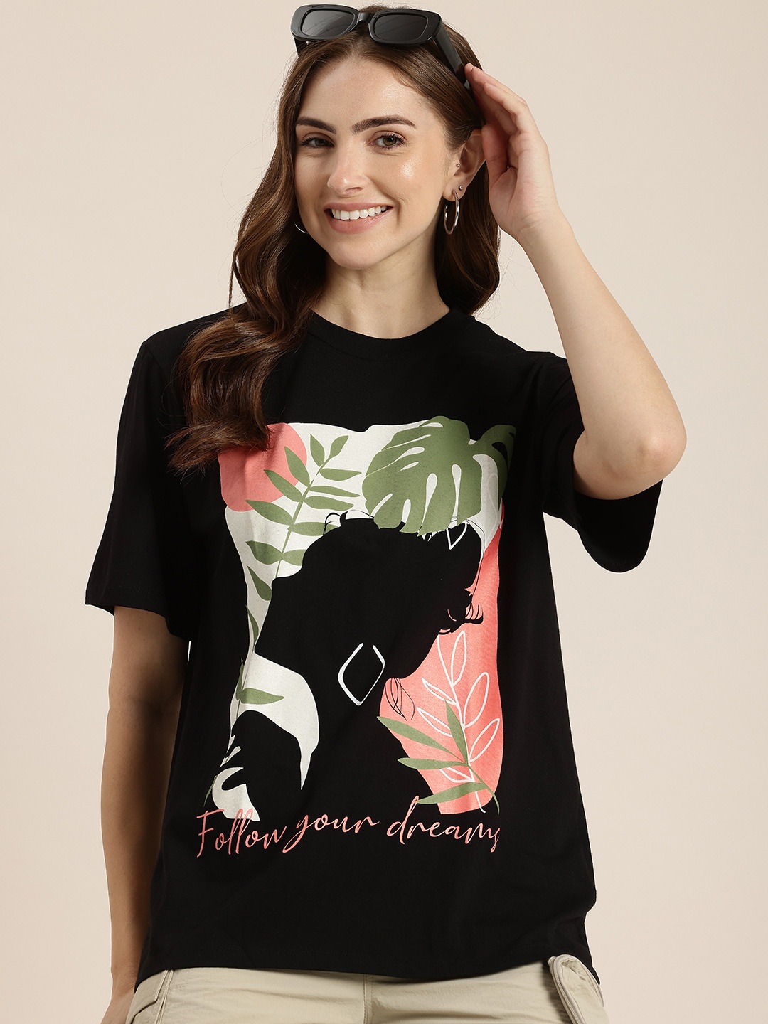 

HERE&NOW Printed Drop-Shoulder Sleeves Pure Cotton T-shirt, Black