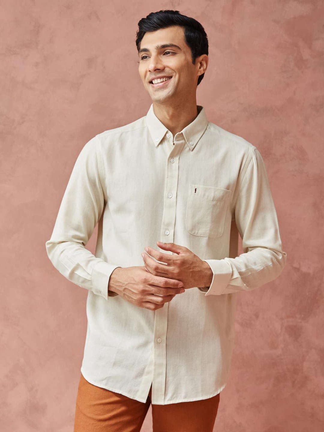 

Fabindia Men Button-Down Collar Solid Cotton Casual Shirt, Off white